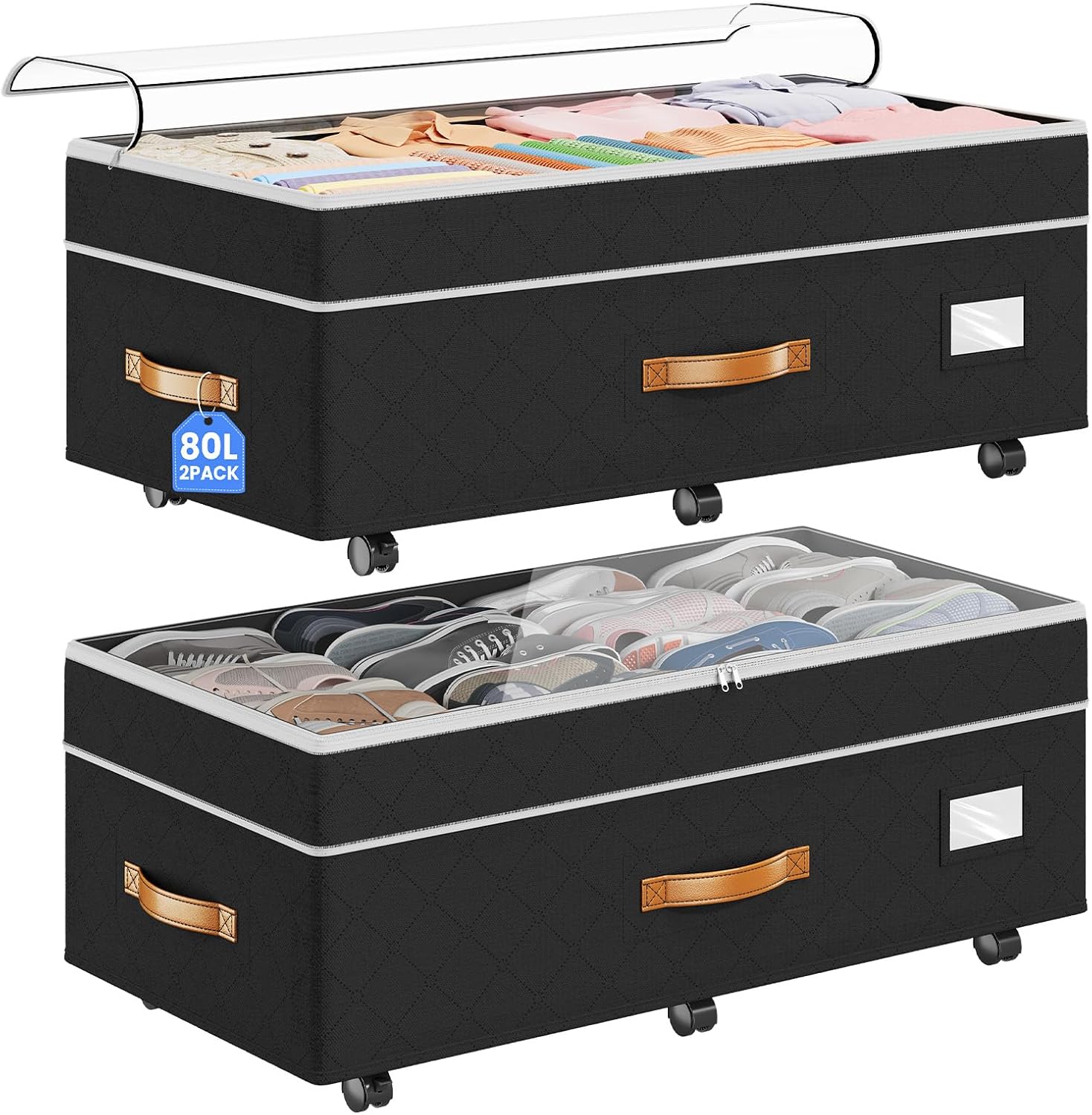 80L 2 Pack Adjustable Under Bed Storage with Wheels | Underbed containers with clear lids, rolling under bed shoe storage organizer for dorm home clothes, blankets, toys, black