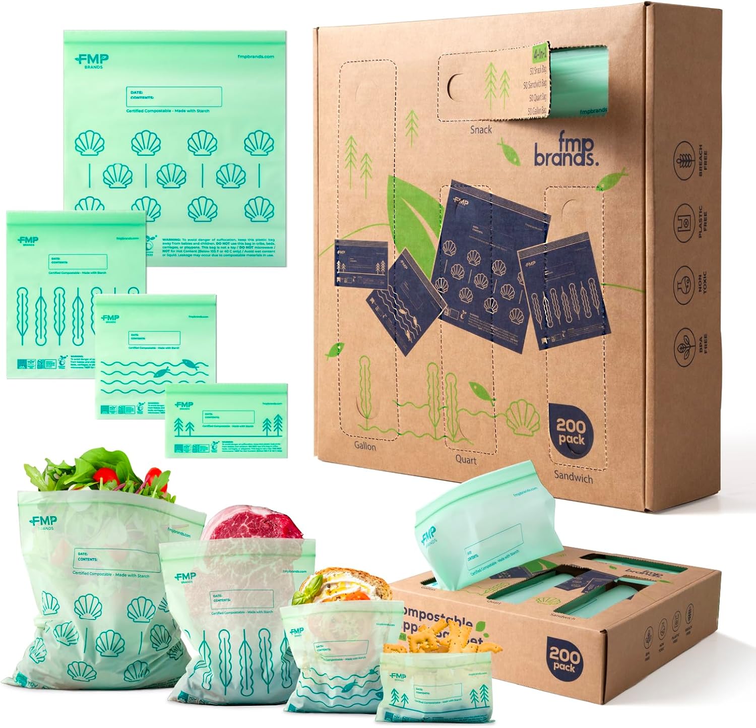 Fit Meal Prep 100% Compostable Food Storage Bags Set, Resealable Bags Plant-Based Freezer Bag for Food, ASTM D6400, US BPI & EU OK Compost Certified