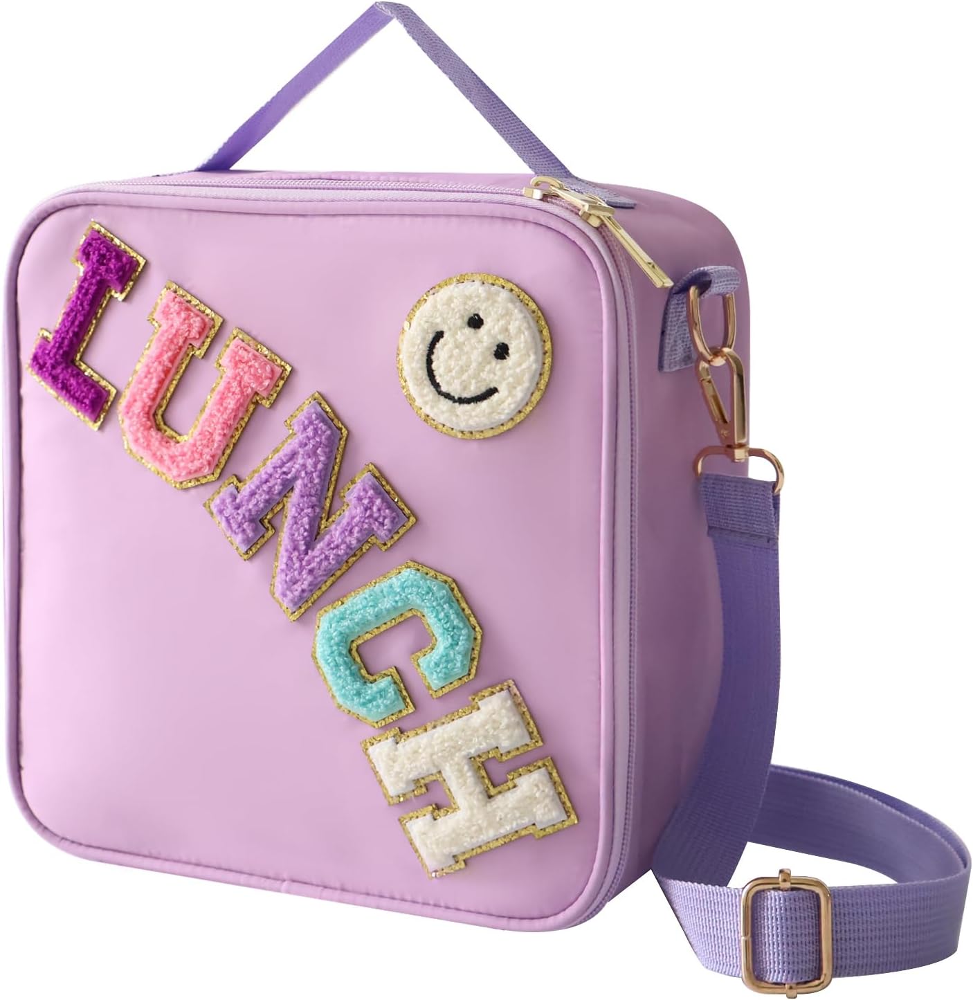 Insulated Lunch Bag With Adjustable Shoulder Strap, Girls Preppy Lunch Box | Nylon Large Insulated Lunch Bag Reusable Lunch Tote Bag with Smiley Preppy LunchBag for Girls School Travel Picnic (Purple)