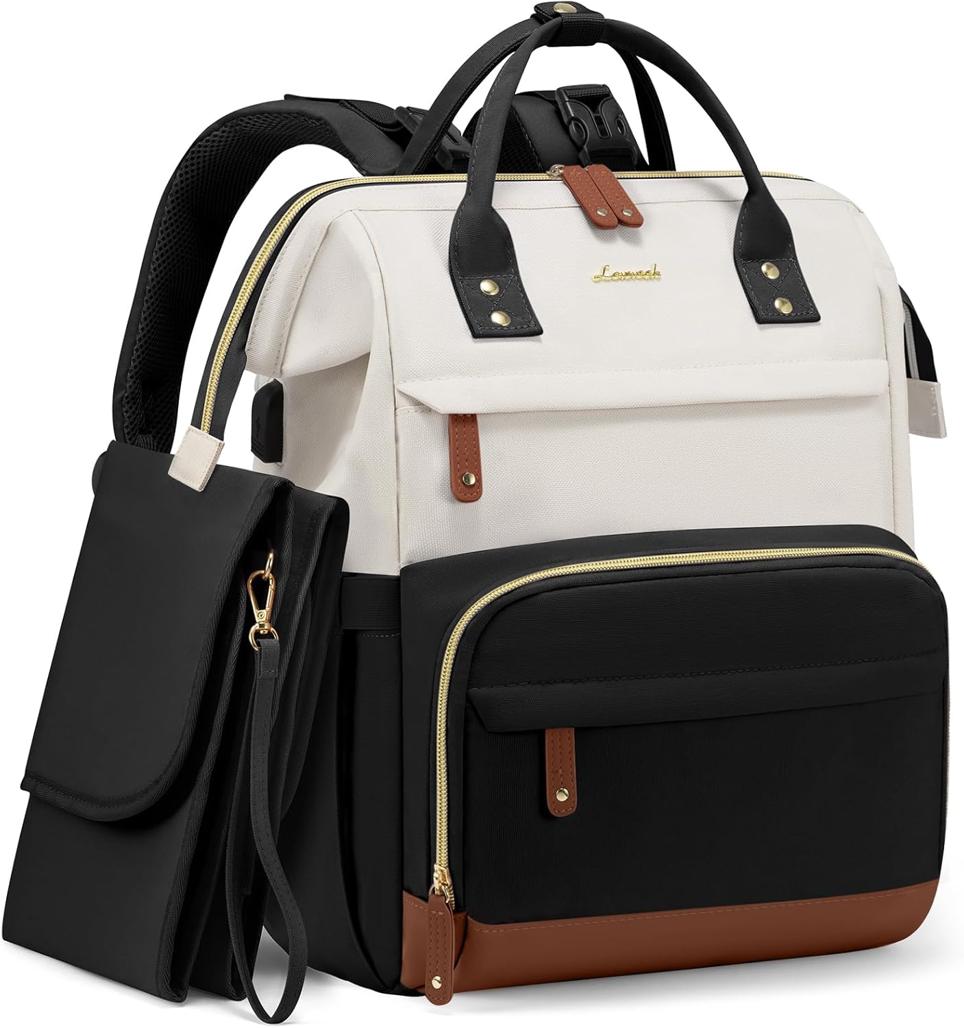 LOVEVOOK Diaper Bag Backpack, Baby Bag with Changing Station, Large Diaper Backpack for Mom Dads, Waterproof Mommy Bag for Boy and Girl, Travel Essential Baby Shower, Black-Beige
