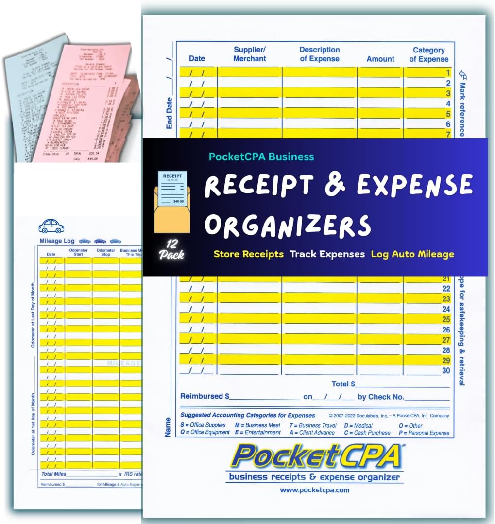 3-in-1 Receipt Organizer Envelopes with Expense & Mileage Logs | 12-Pack | Organize Receipts, Track Business Expenses & Record Auto Mileage | 9.5″ x 6.5″ | Made in USA.