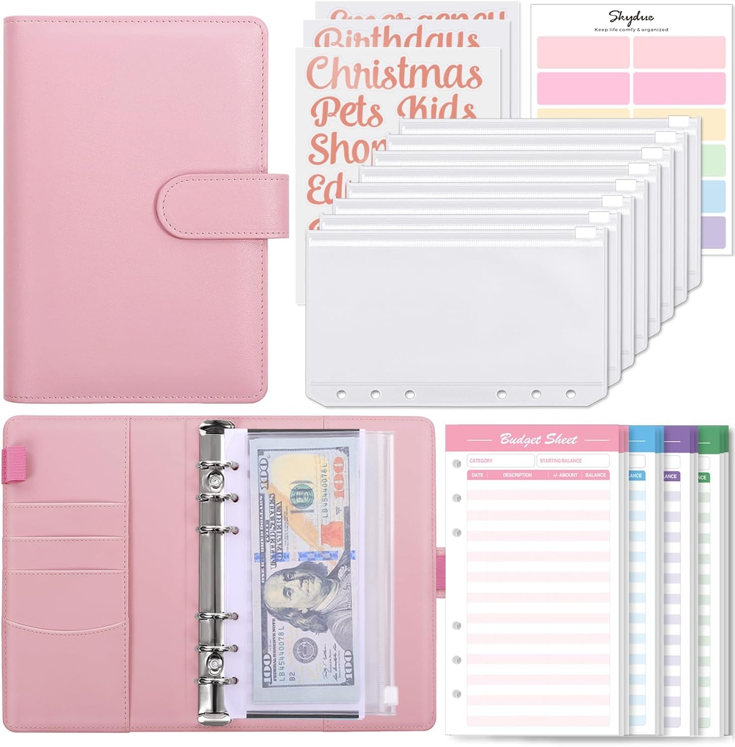 SKYDUE Budget Binder with 8pcs Zipper Envelopes,Money Organizer with 12pcs Expense Sheets & 24 Rose Gold Sticky Labels,Budget Organizer for Cash