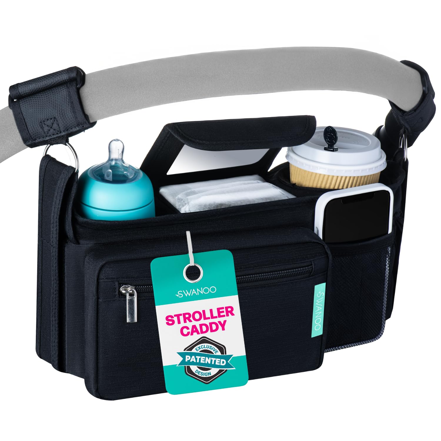 Stroller Caddy Organizer, Cup Holder, Wipes Pocket, Non-Slip, Black