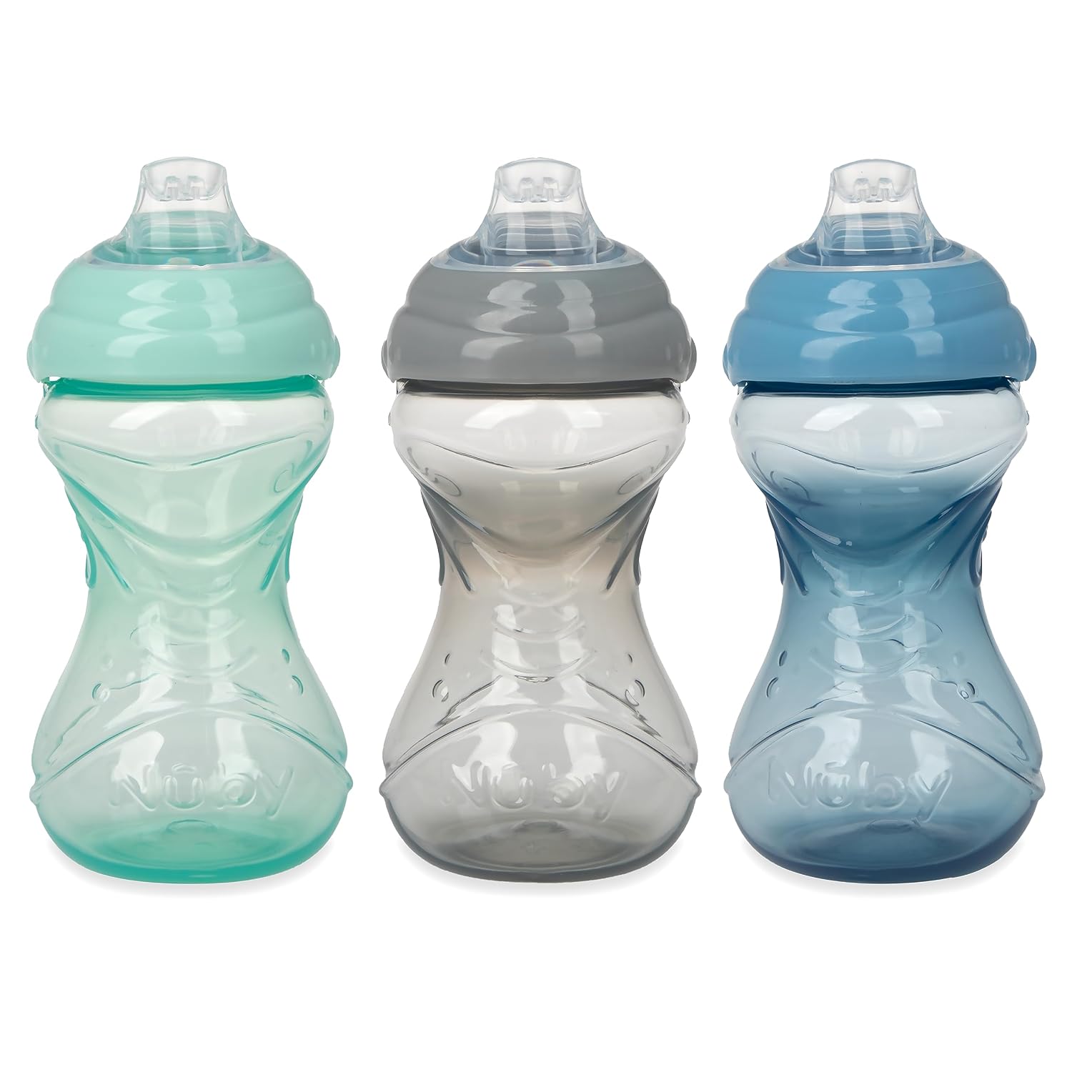Nuby 3 Count No-Spill Easy Grip Cup – 10 oz | Soft Flex Spout – Clik It Lock Feature – Neutral