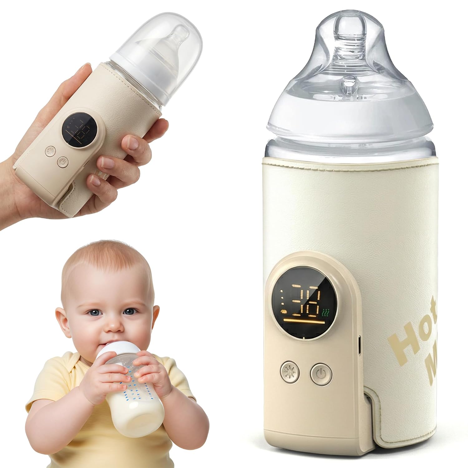 Portable Bottle Warmer for Travel – Car Waterless Bottle Warmer for Breastmilk & Formula Milk – Rechargeable Battery Powered Fast Heating with Temperature Control for On the Go Baby Feeding