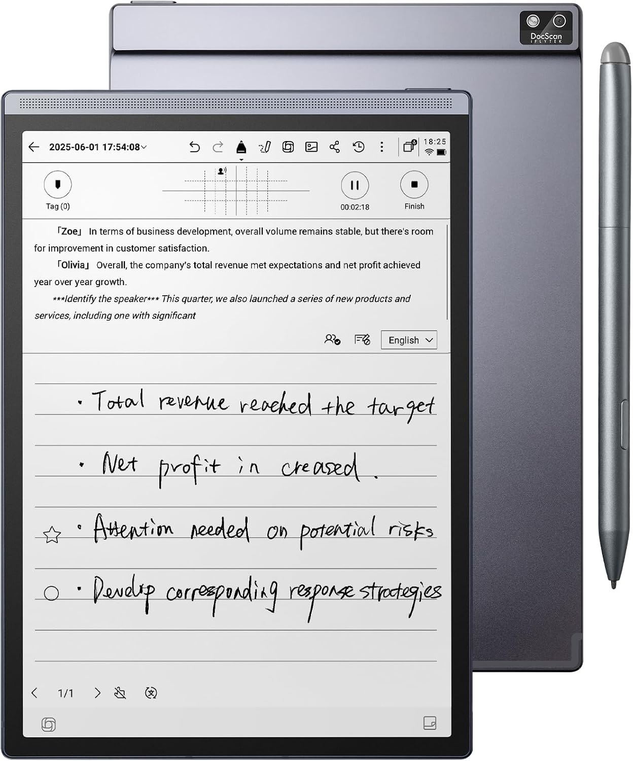 iFLYTEK AINOTE Air 2, 8.2″ AI E Ink Tablet, Smart Paper Note-Taking Tablet with Stylus & Adjustable Light, Multi-Language Transcription, Meeting Minutes Schedule Management