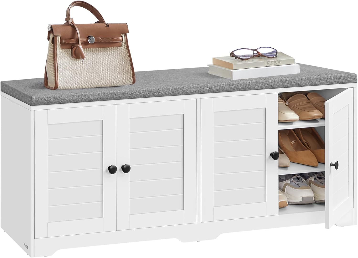 VASAGLE Shoe Storage Bench with Cushion, 3-Tier Entryway Bench with Padded Seat, Doors, Adjustable Shelves, 14 x 47.6 x 20.7 Inches, for Hallway, Bedroom, Cloud White and Dove Gray ULSB048WB01