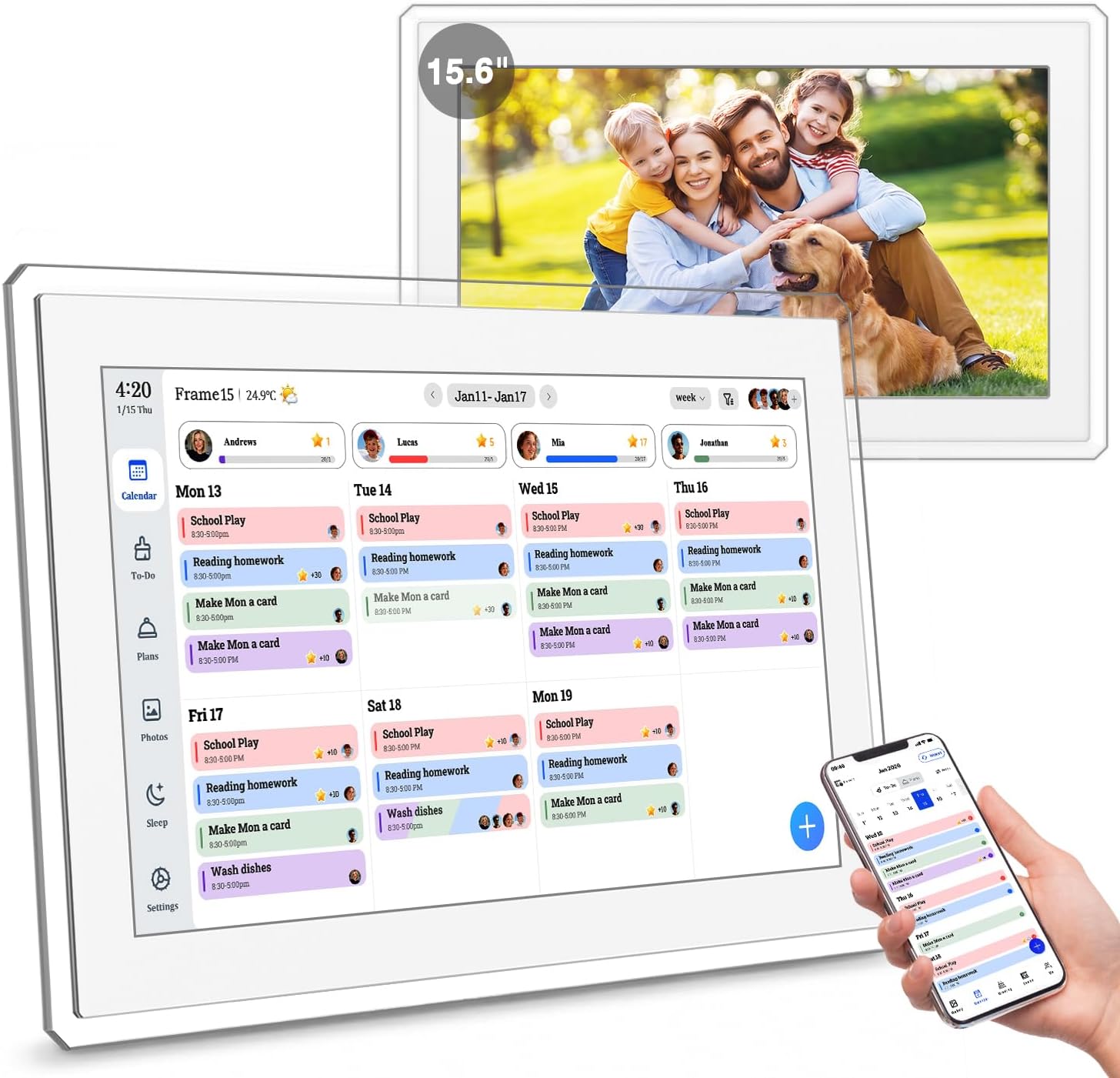 15.6″ Digital Calendar Wall Touch Screen, Chore Chart, Photo Frame, Refills | Real-time Google, Outlook and iCloud sync keeps every family member organized, with meal planning and no subscription fees.