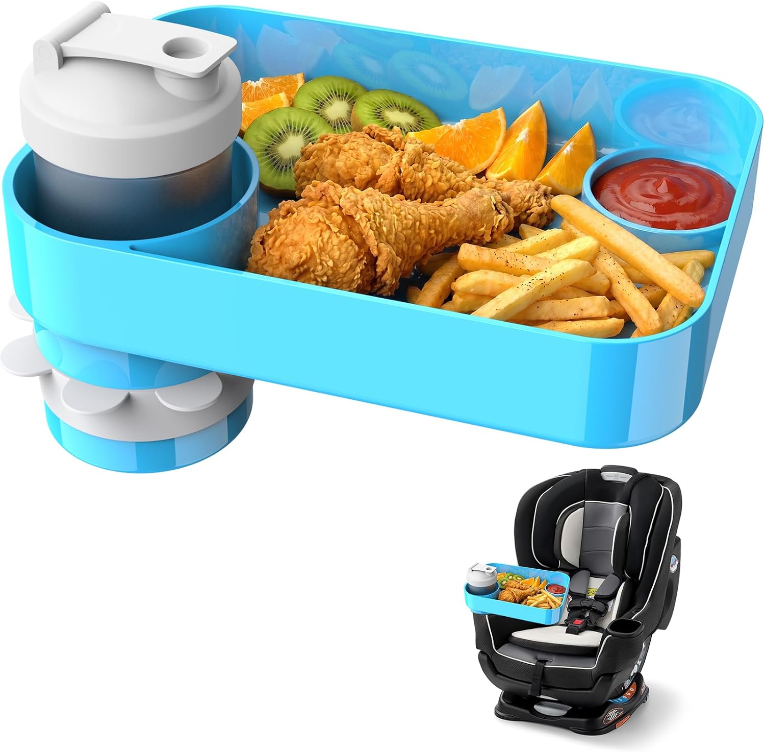 Car Seat Snack Tray for Kids, Mess-Free Square Travel Tray Cup Holder Snack Tray, Durable Car Food Tray for Toddlers, Universal Fit Kids Travel Road Trip Essentials (1, Sky Blue)