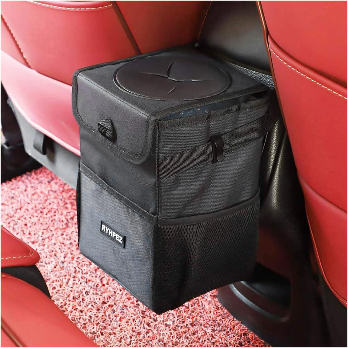 Ryhpez Car Trash Can with Lid – Leakproof Trash Bin Car Garbage Can, Collapsible Automotive Truck Organizer and Storage Bag Car Accessories for Women Men Road Trip Essentials