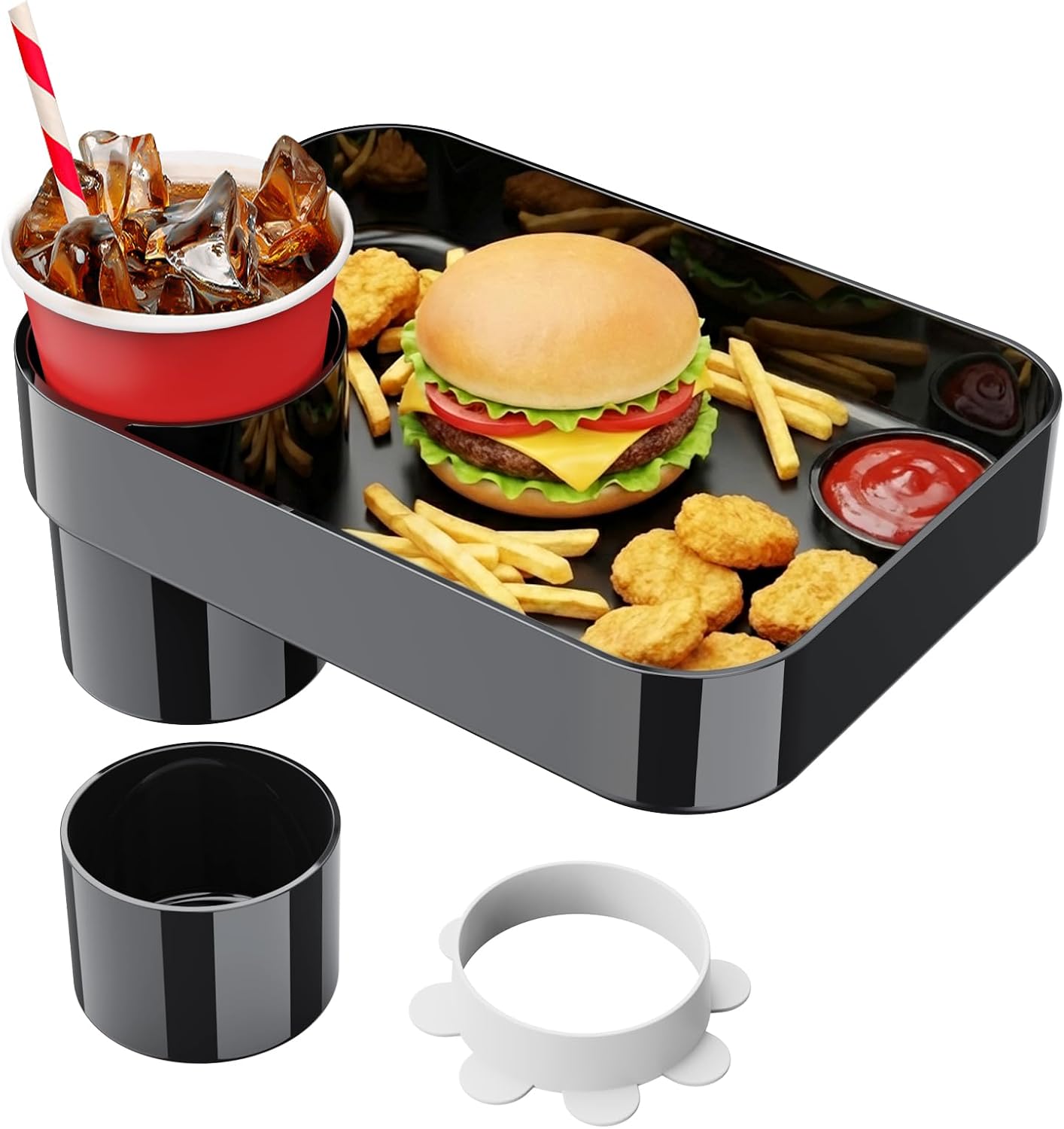 Square Car Seat Cup Holder Snack Tray for Kids, 1-Pack, Black | Built-in condiment dish, extra cup holder base and silicone ring, holds food, drinks and toys, helps reduce travel mess