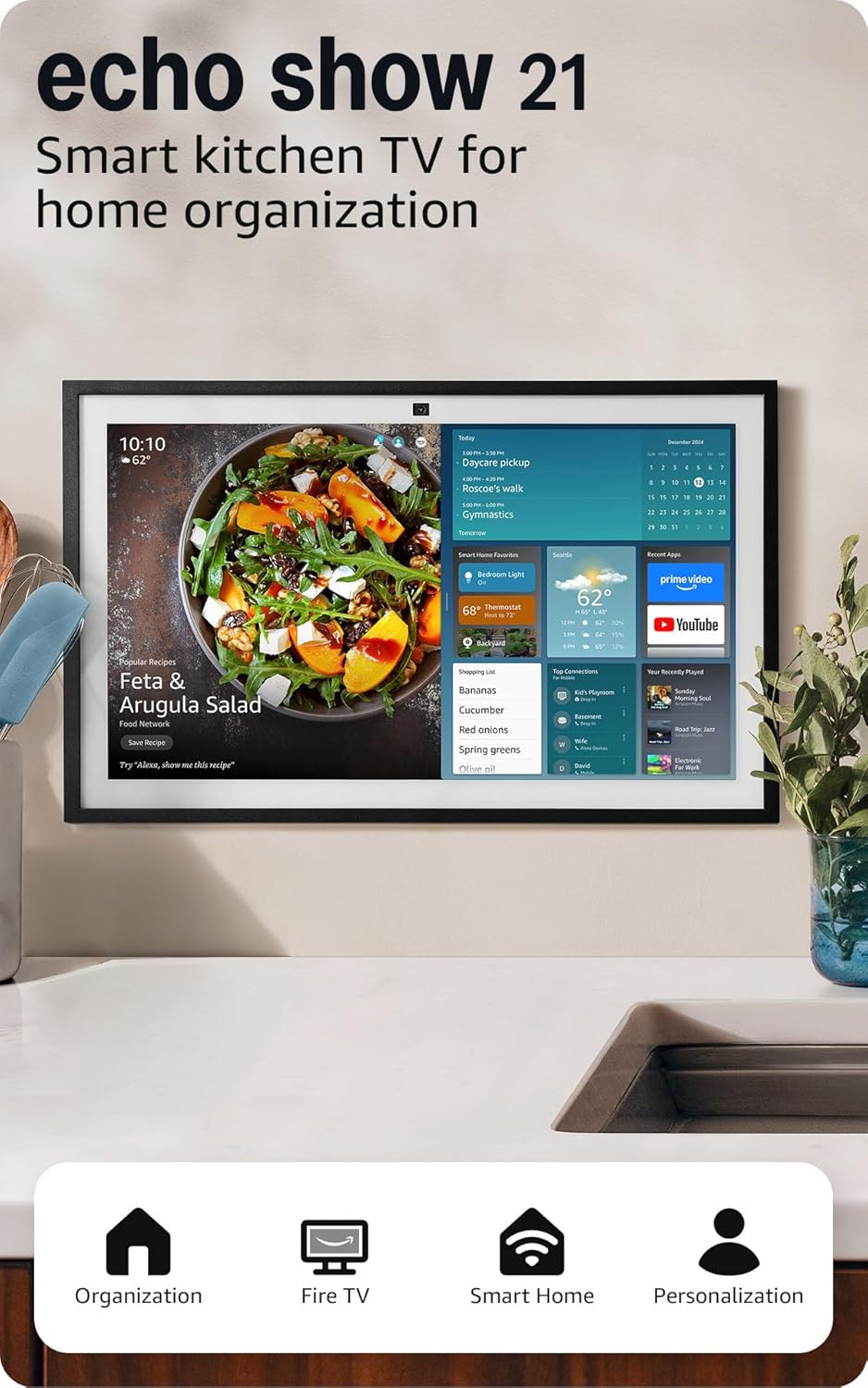 Amazon Echo Show 21 (newest model), Full HD 21″ kitchen hub for home organization, with built-in Fire TV, Designed for Alexa+