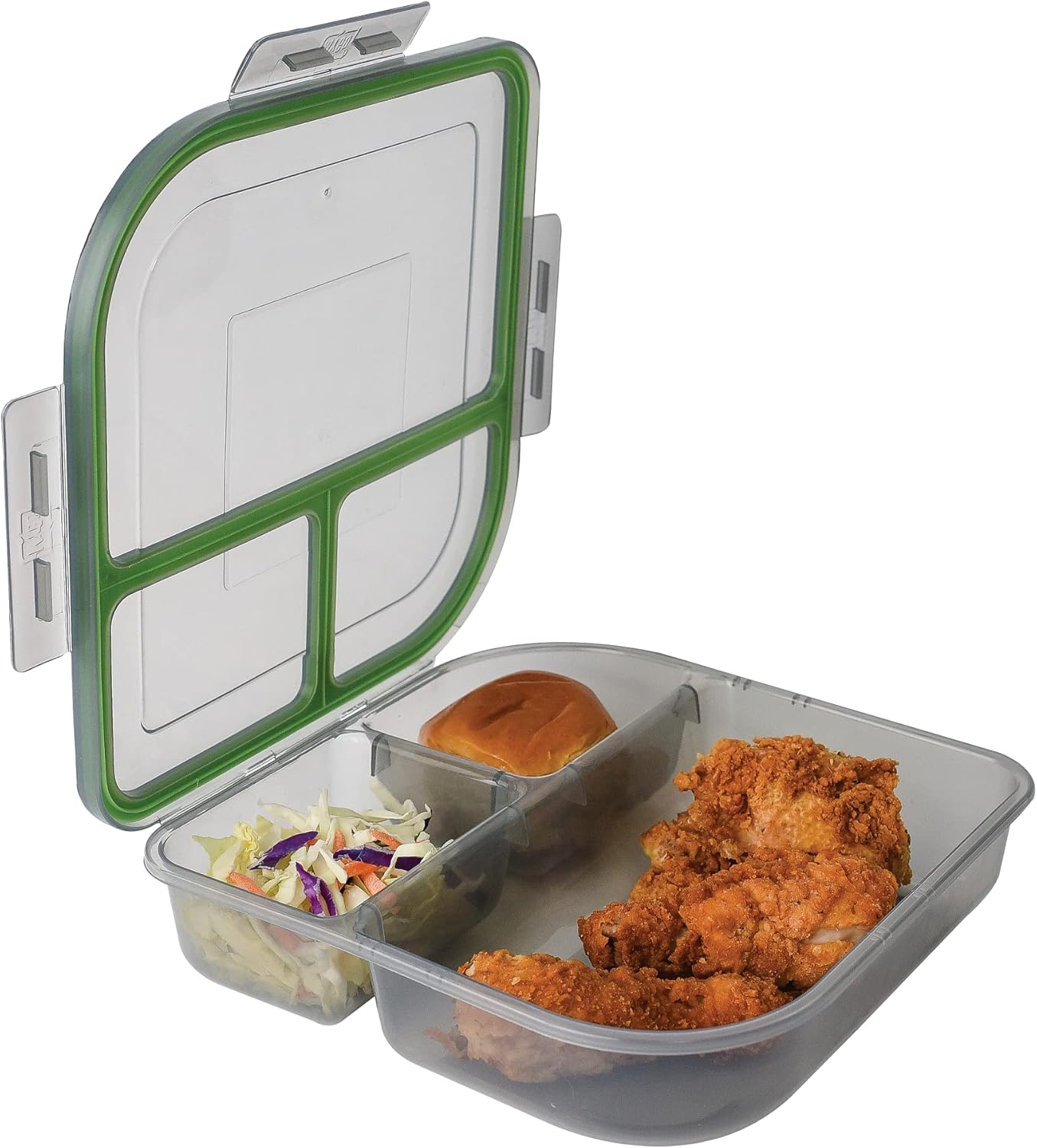 Large To-Go 3-Compartment Food Container, 9.4″ X 9.4″ X 2.5″, Reusable, Microwave Safe, NSF Certified, Smoke/Green