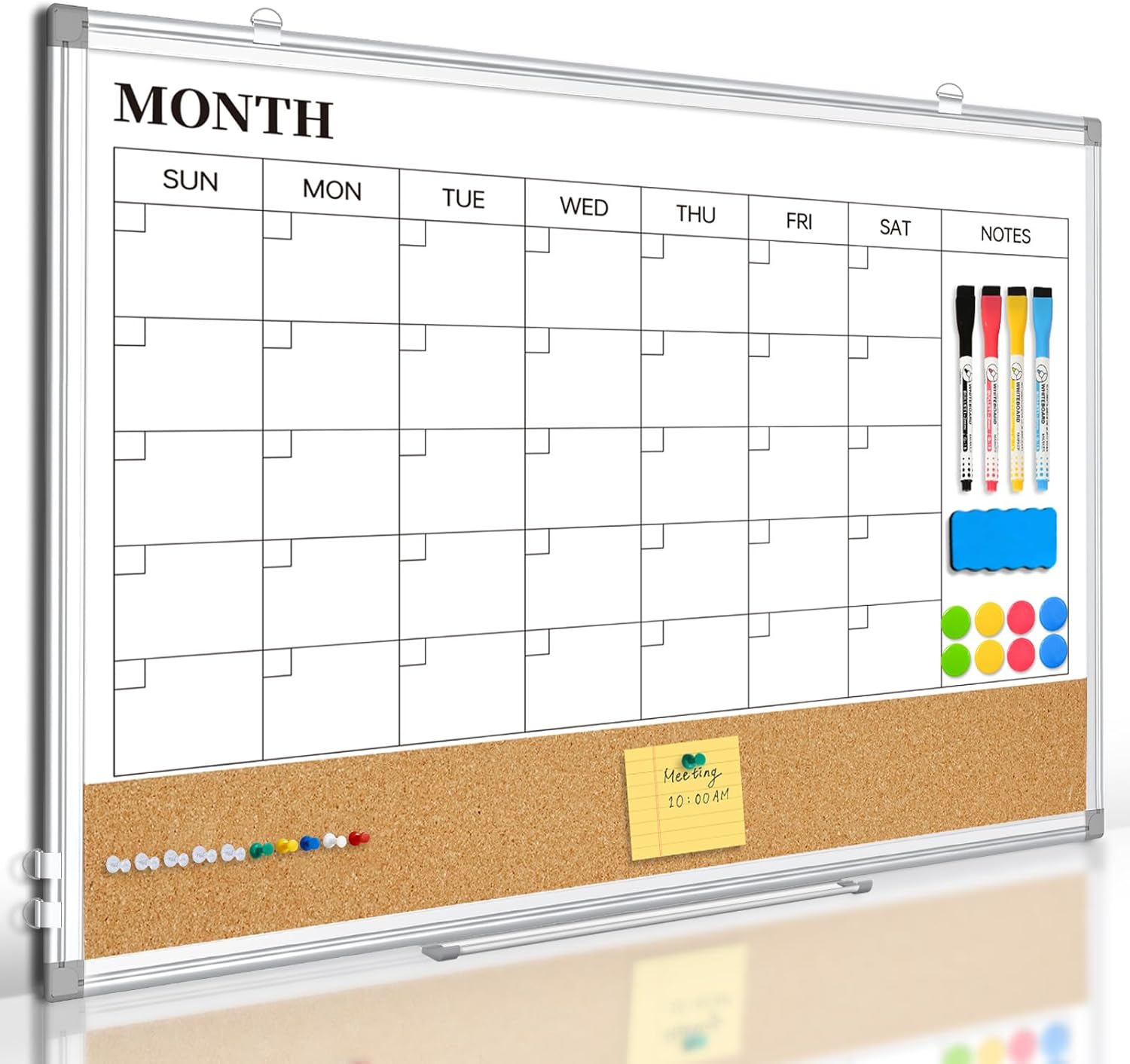 Monthly Dry Erase Calendar Whiteboard with Corkboard, 36″ x 24″, Silver | Magnetic, White Board Cork Board Combo, Double Sided, Wall Mounted, Aluminum Frame, for Home, Office, Kitchen, Dorm
