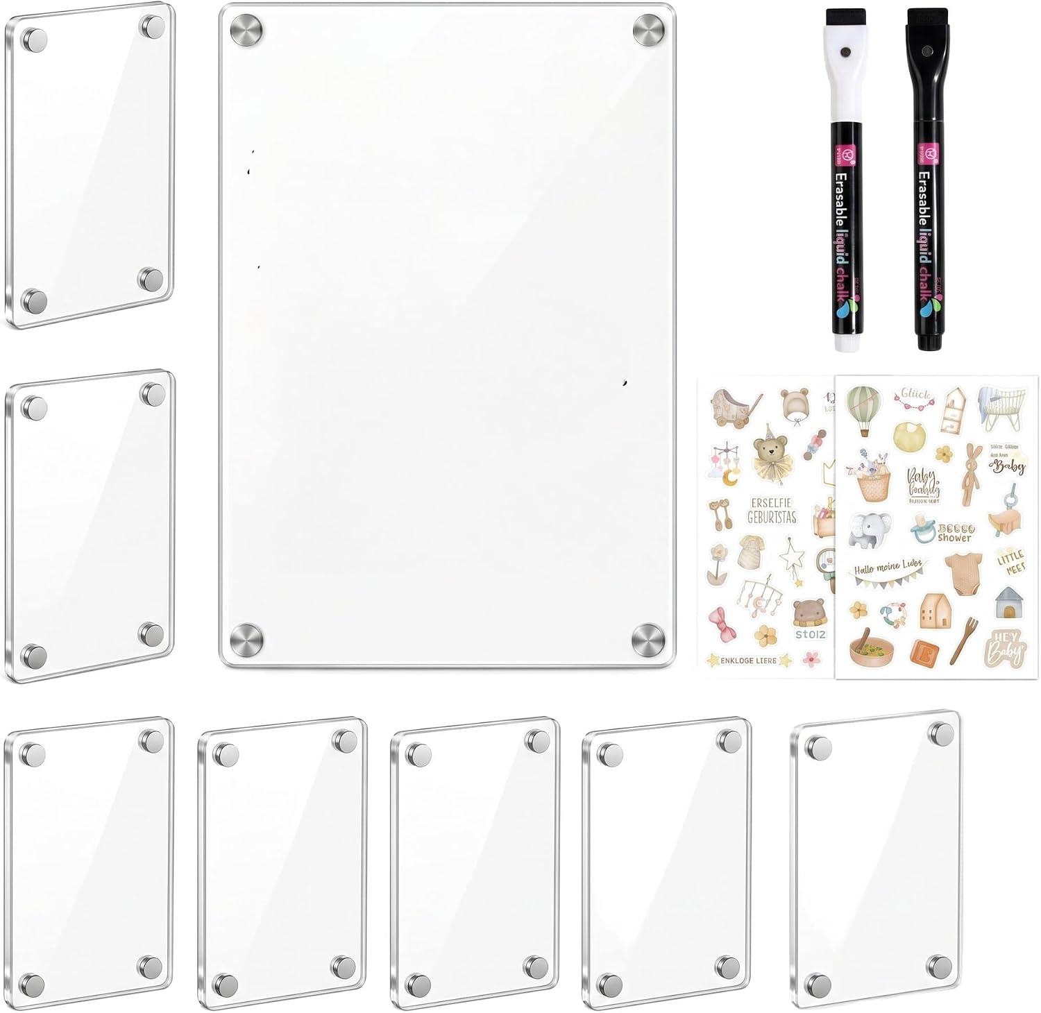 7 Acrylic Magnetic Picture Frames (2.36×3.54″) + 8″×6″ Acrylic Magnetic Whiteboard for Fridge with 2 Markers – Fridge Organizer for Schedules and Family Reminders