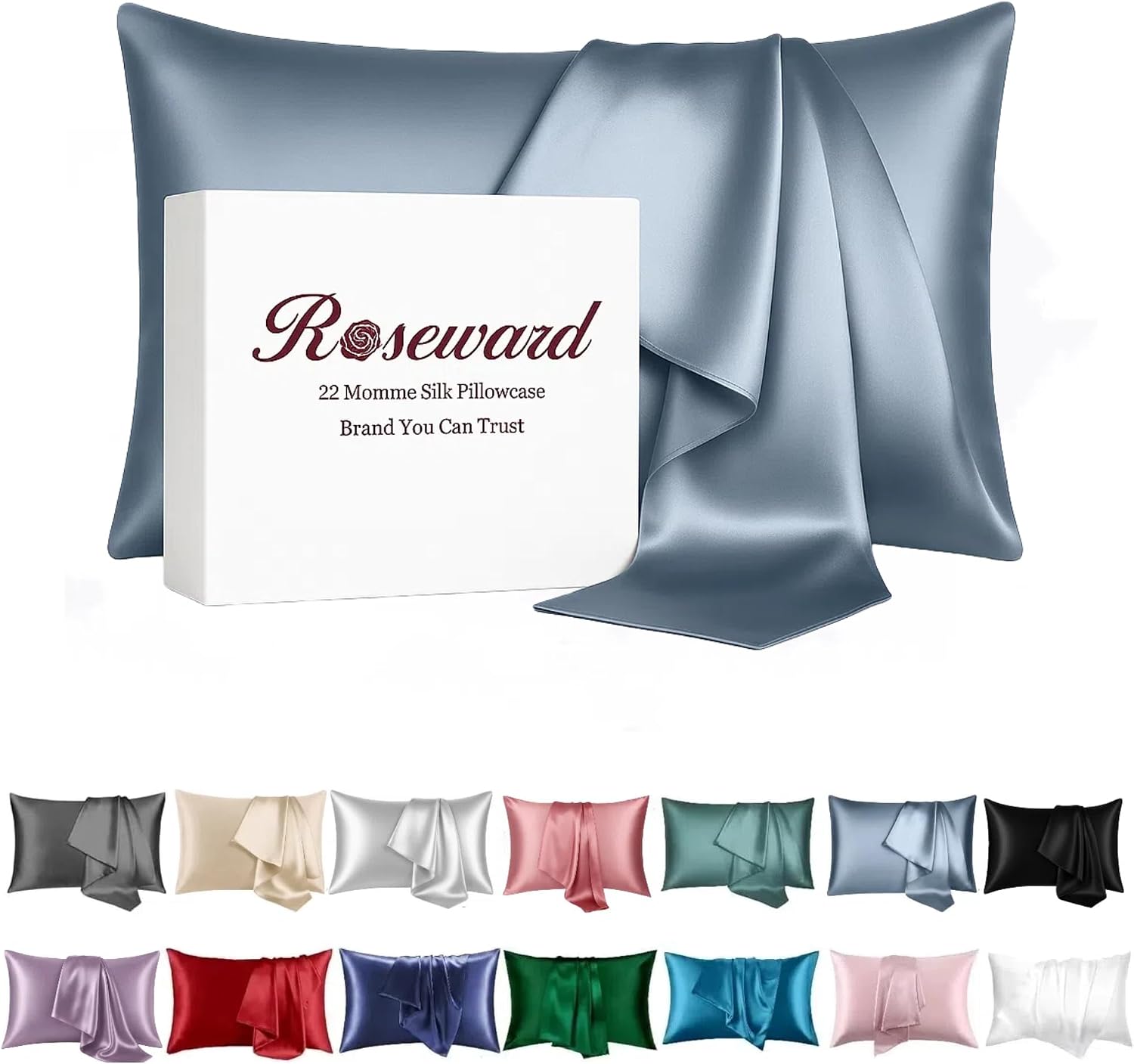 100% Mulberry Silk Pillowcase for Hair and Skin, USA, Real 22 Momme Silk Pillow Cases Queen, Not Satin Pillowcase, Anti Acne,Zipper Closure, 1 Pc 20″x30″ (Queen, Blue Grey)