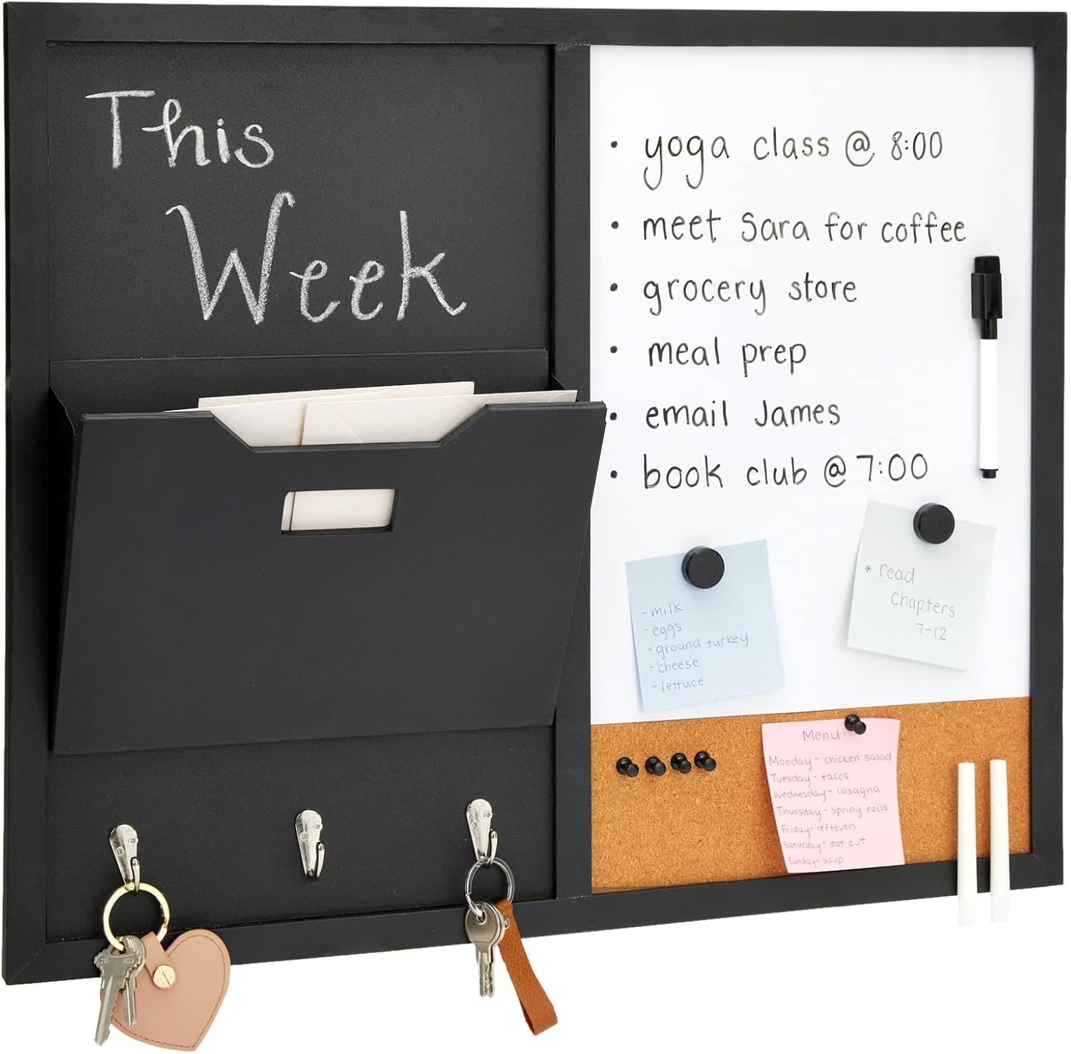 Juvale White Board Message Command Center & Wall Organizer – 21.9 x 18.2 x 0.6 in, White – Dry Erase Calendar for Wall with Chalkboard & Cork Surface