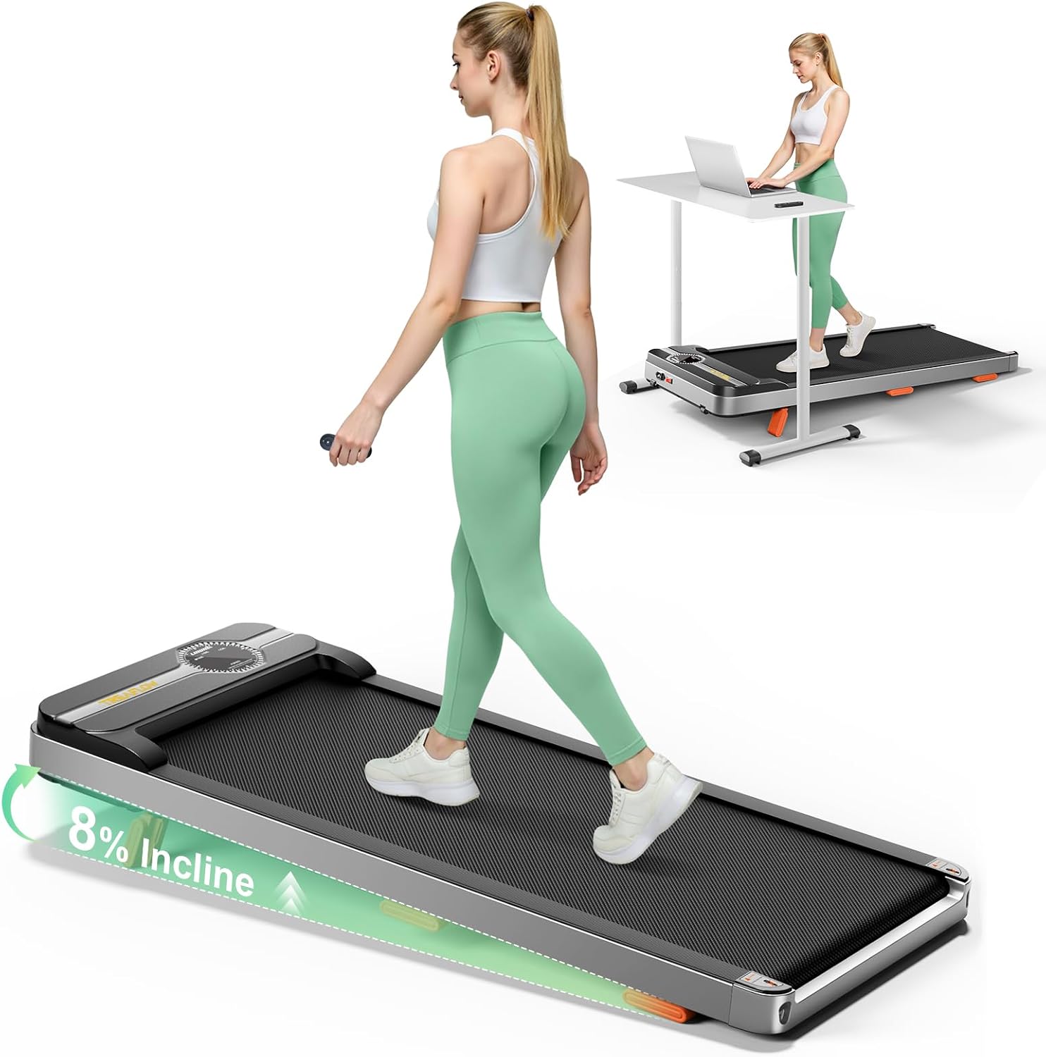 TREAFLOW Walking Pad Treadmill, Under Desk Treadmills for Home | 8% Incline, 265 Lbs Capacity, Remote Control, Led Display, Portable Office Treadmills,, Space-Saving Design