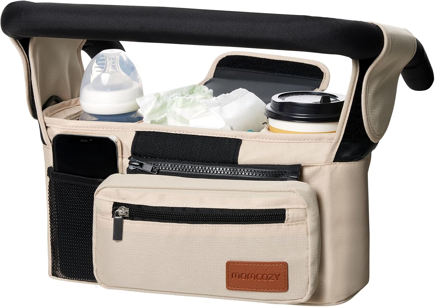 Momcozy Universal Stroller Organizer with Insulated Cup Holder | Detachable Phone Bag and Shoulder Strap, Fits for Uppababy, Baby Jogger, Britax, BOB, Umbrella, and Pet Strollers