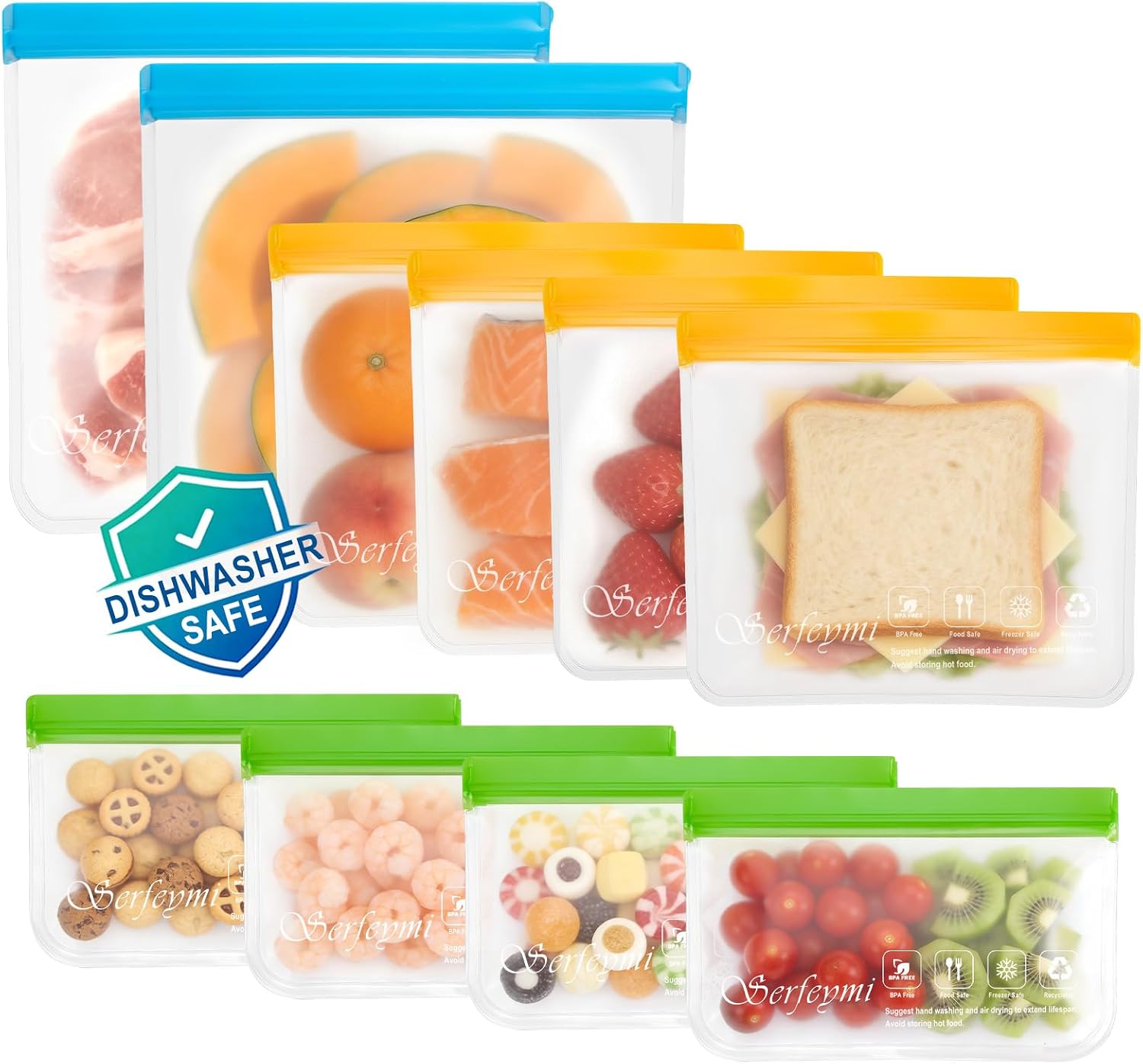 Serfeymi 10 Pack Reusable Gallon Freezer Bags Dishwasher Safe, Extra Thick Reusable Plastic Bags BPA Free, Leak Proof Food Storage Bags with 3 Sizes for Meat, Travel – 2 Gallon 4 Sandwich 4 Snack