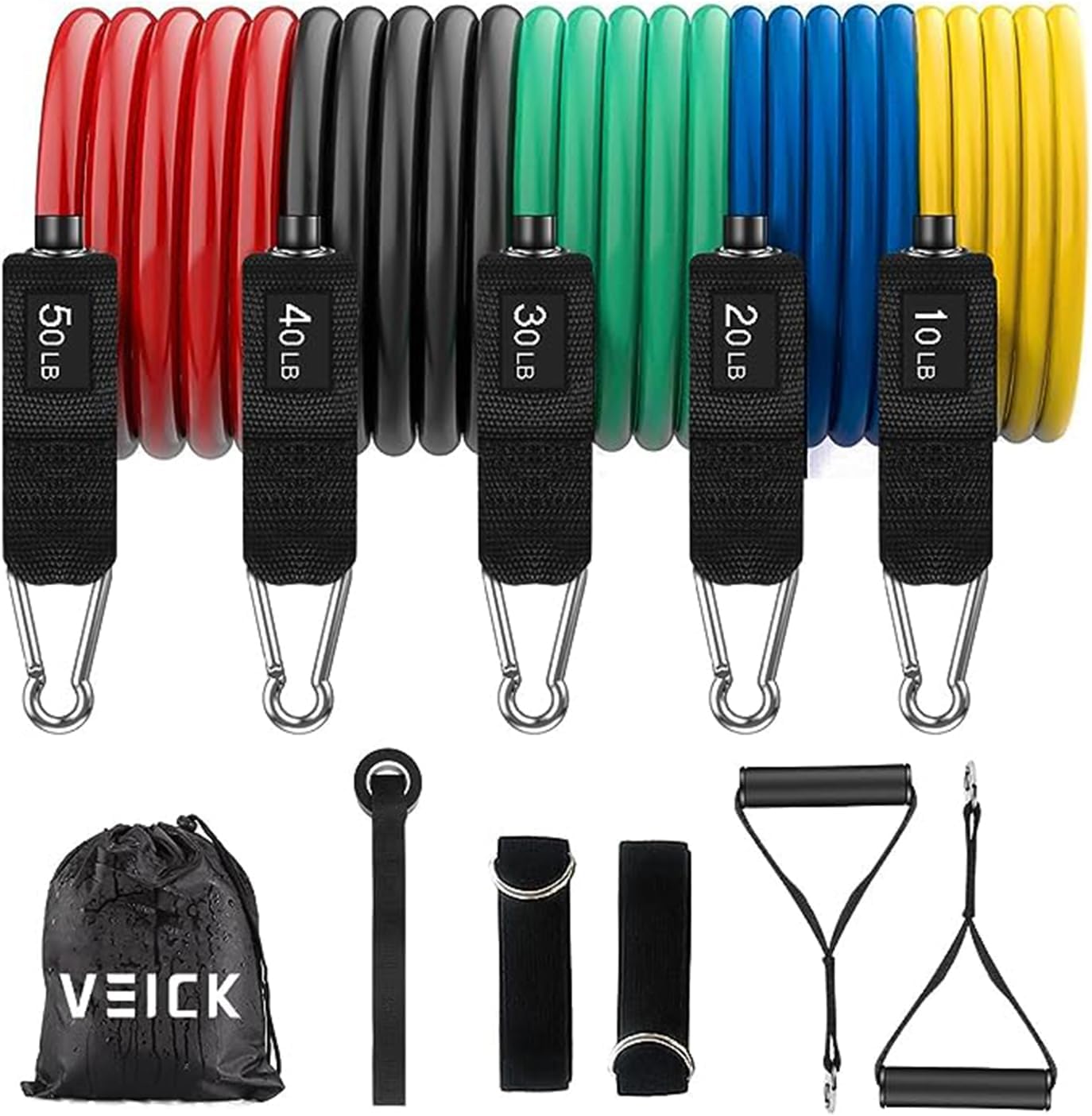 VEICK Resistance Bands with Handles, Ankle Straps, Door Anchor | 100% Natural Latex, 10-150LBS, Versatile for Yoga, Pilates, Strength, Home Gym