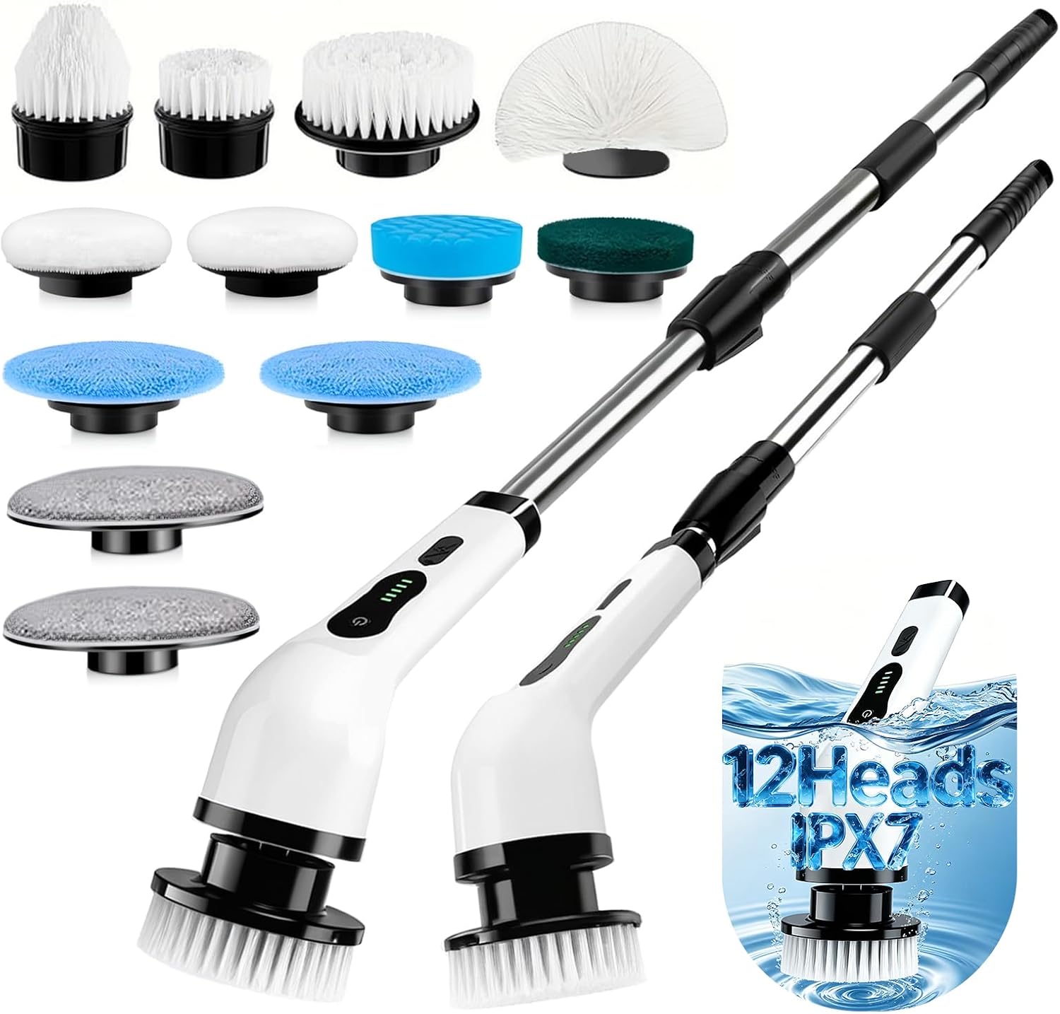 Electric Spin Scrubber, Cordless Cleaning Brush Scrubber with 12 Replaceable Brush Heads, 360 Power Scrubber Dual Speed with Adjustable & Detachable Handle for Bathroom Kitchen Car (White)