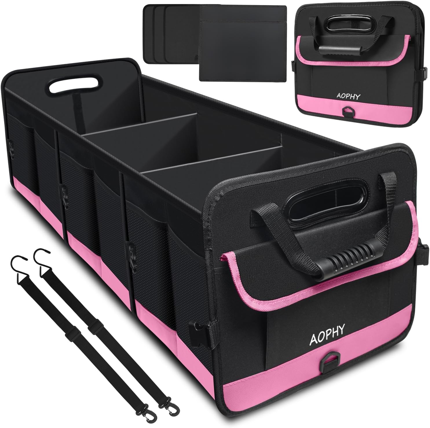 AOPHY Foldable Trunk Organizer for Car SUV Truck 95L Large Capacity | Collapsible Storage Bin with Straps. Waterproof and Sturdy. Fits Sedans Too. Folds Flat When Not in Use. Pink Car Accessories