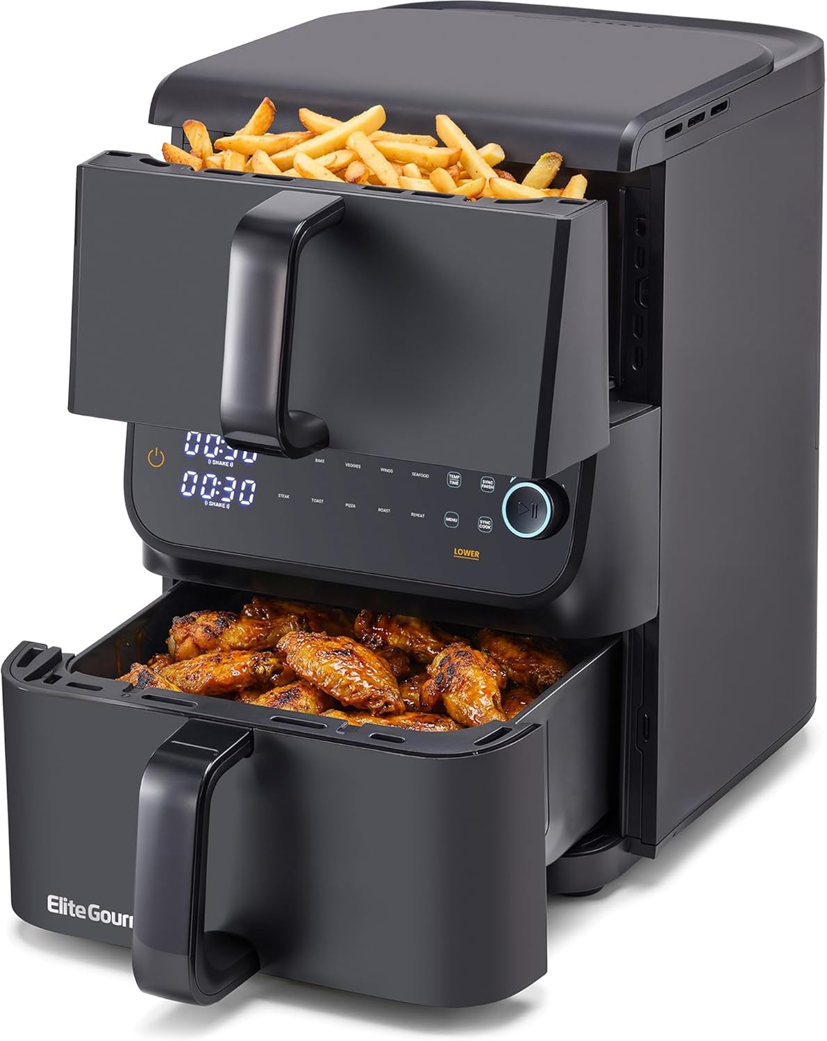 Elite Gourmet EAF6535 Dual Stacked Air Fryer, 10.5Qt, 1700W, Black | Family Size – PFAS-Free Dishwasher-Safe Nonstick Baskets – Sync Cook & Finish – 10 Presets