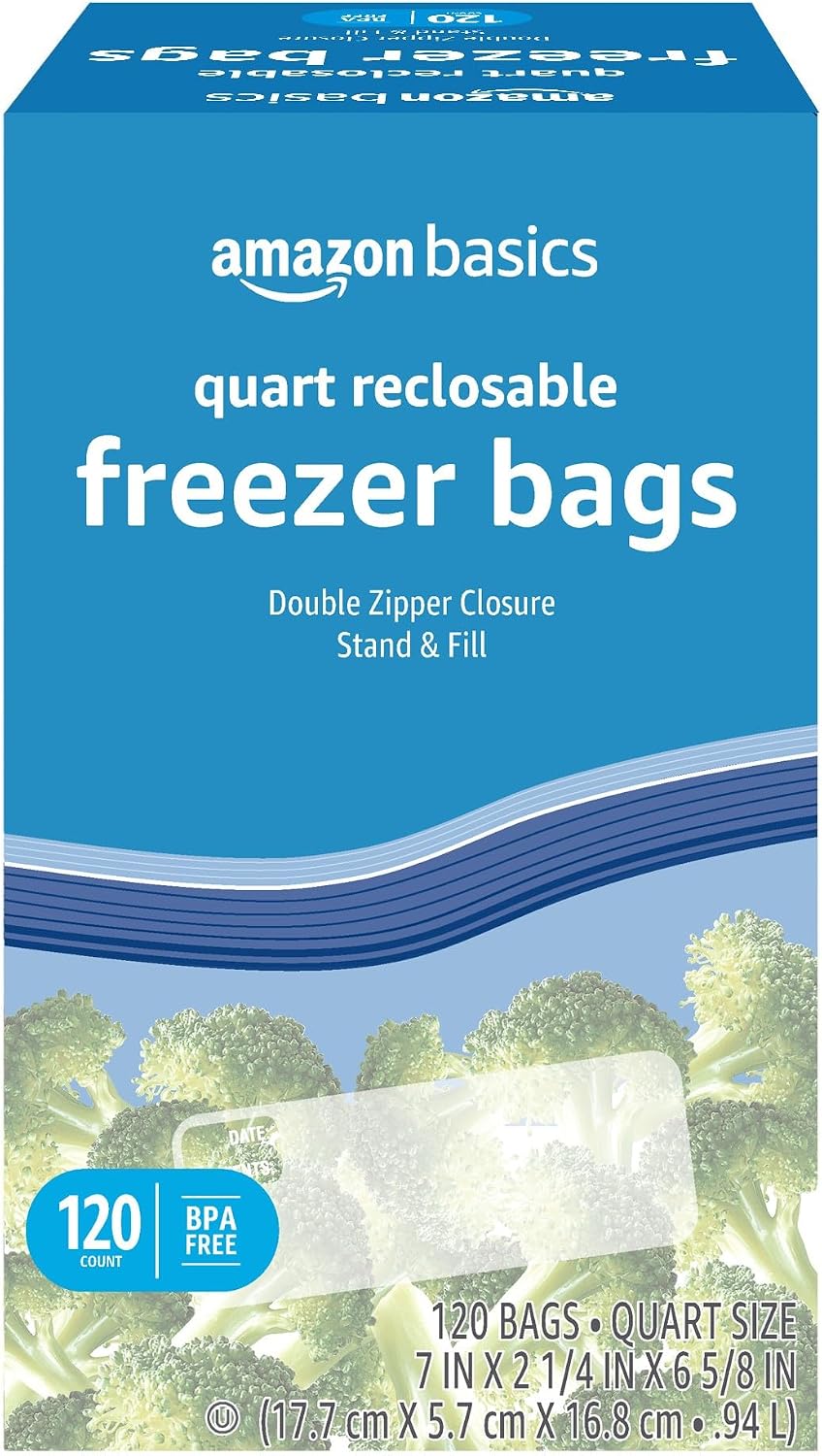 Amazon Basics Reclosable Freezer Quart Food Storage Bags with Zipper Seal, BPA Free, Stand and Fill, Airtight, 120 Count (Previously Solimo)