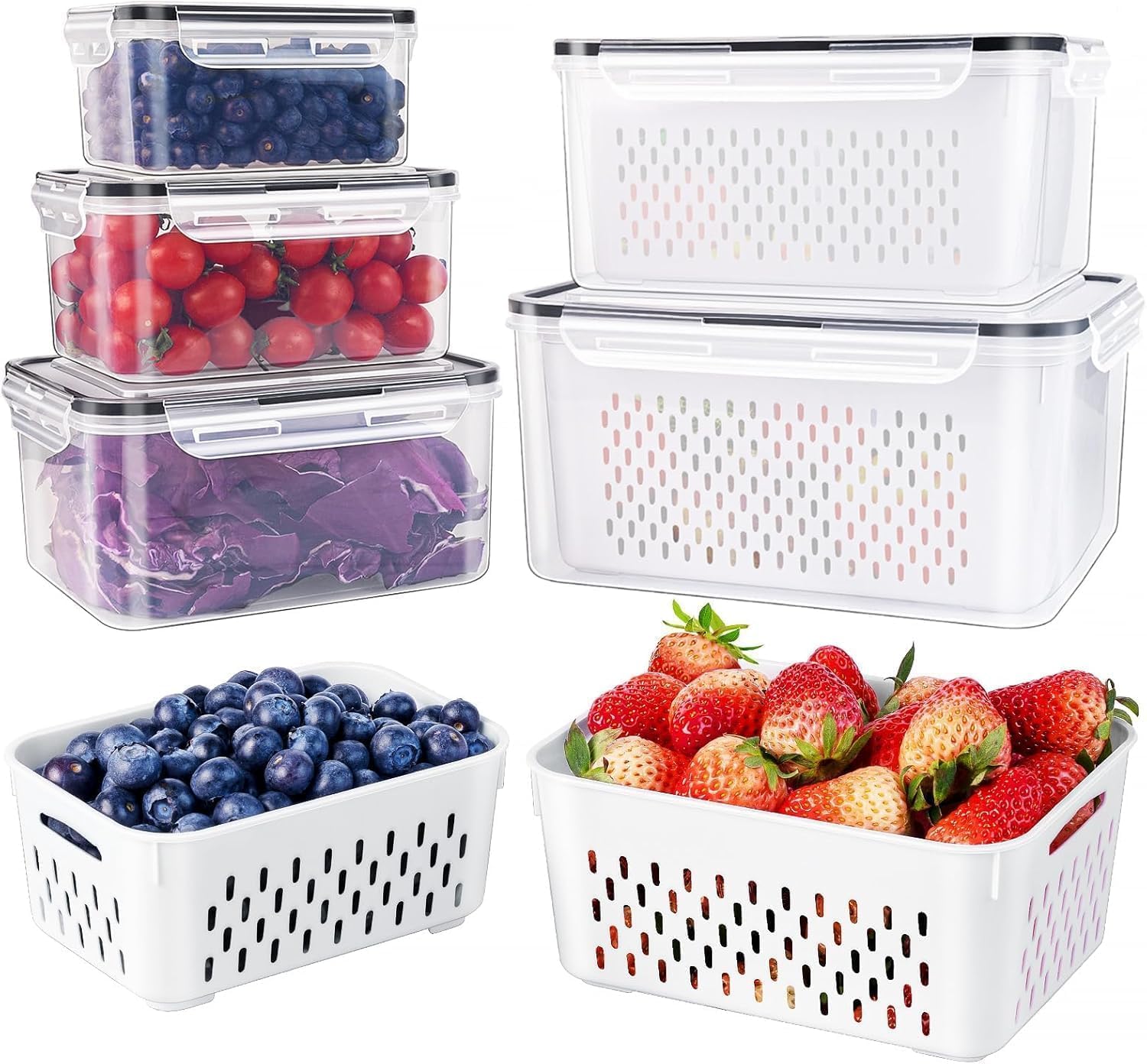 5 PCS Large Fruit storage Containers for Fridge ,Food Storage Containers | with Removable Colander Leakproof Dishwasher & Microwave safe Produce Containers Keep Fruits Vegetables Berry Fresh longer