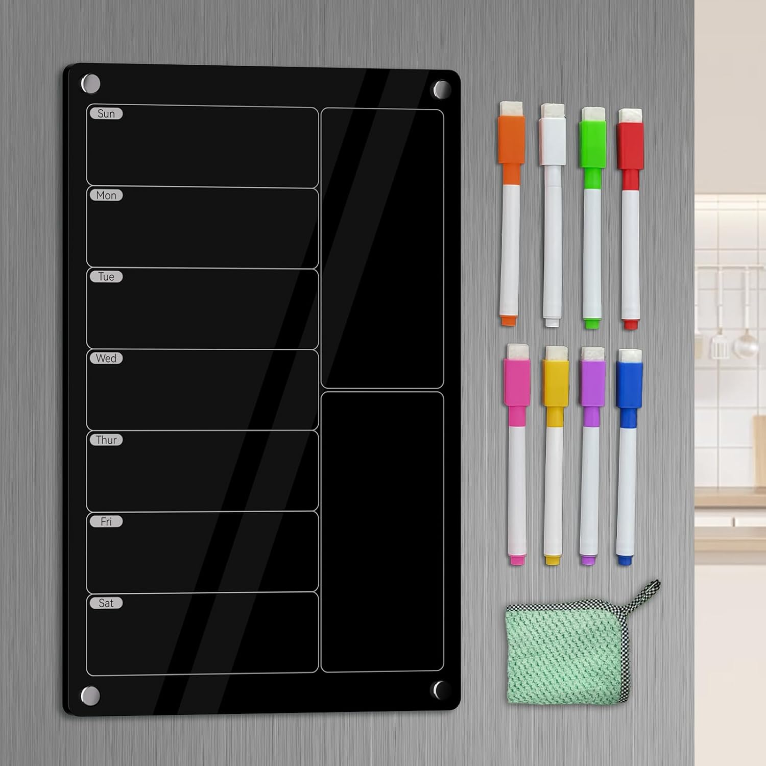 YNGRUE Acrylic Meal Planner Magnetic Menu Board for Kitchen Fridge,Magnetic Black Weekly Calendar Planner Board Refrigerator Dry Erase Board to Do Chore Chart,Grocery/Shopping List,12″x8″