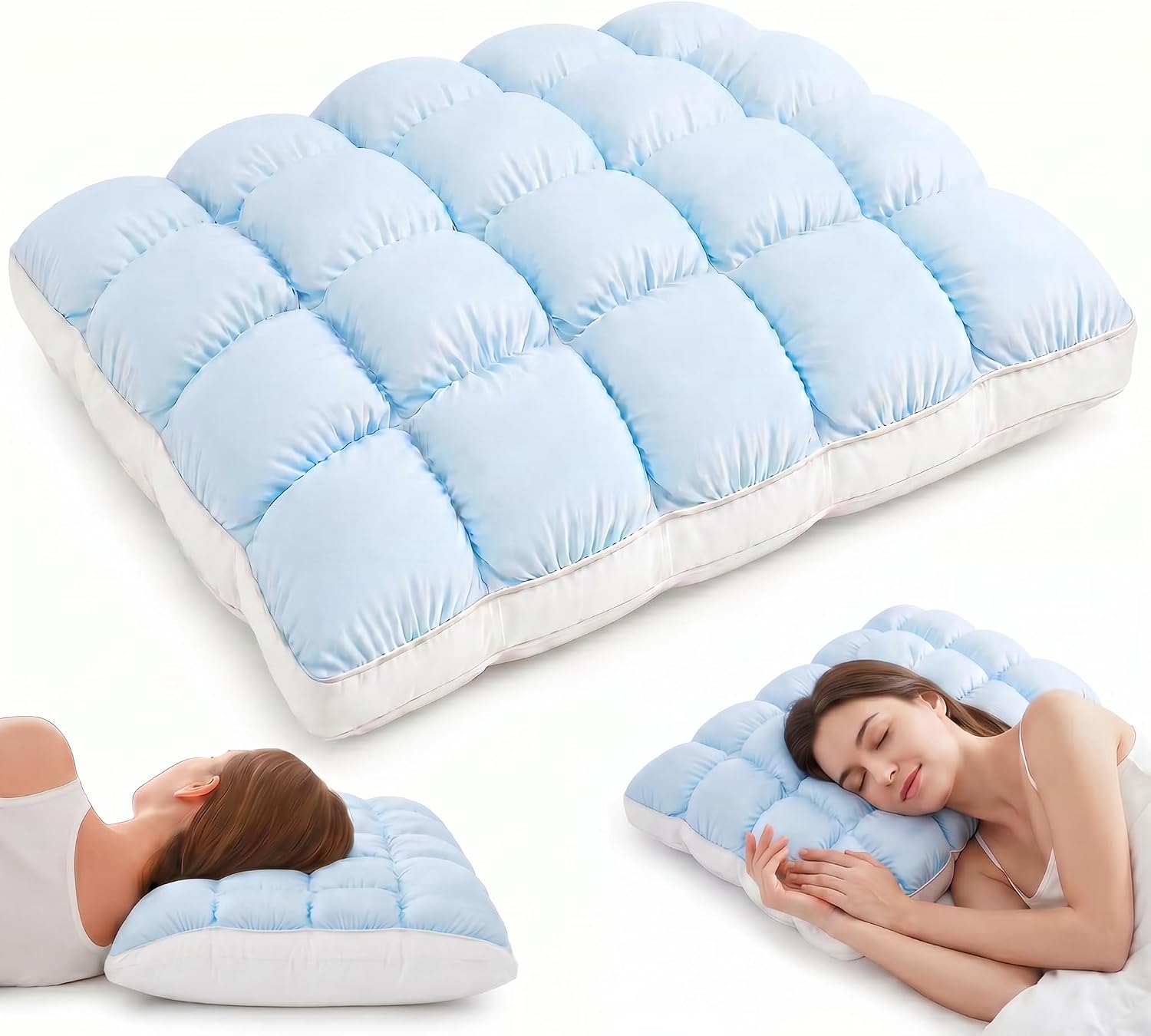 Mellow Puff Cooling Pillow for Sleeping, Fluffy Cloud Pillow with Cooling Ice Silk Cover, Quilted Grid Pillow for Side & Back Sleepers, Soft Support, Machine Washable, Standard