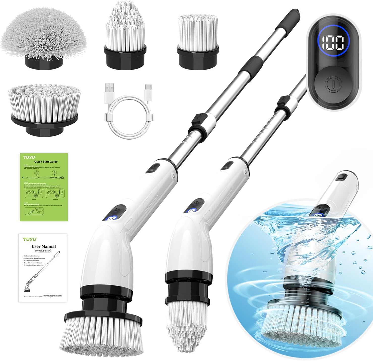 Electric Spin Scrubber, Cordless Cleaning Brush for Bathroom,Home | IPX7 waterproof power scrubber with LCD display, multi heads, extendable handle, 90min runtime for bathroom kitchen glass car