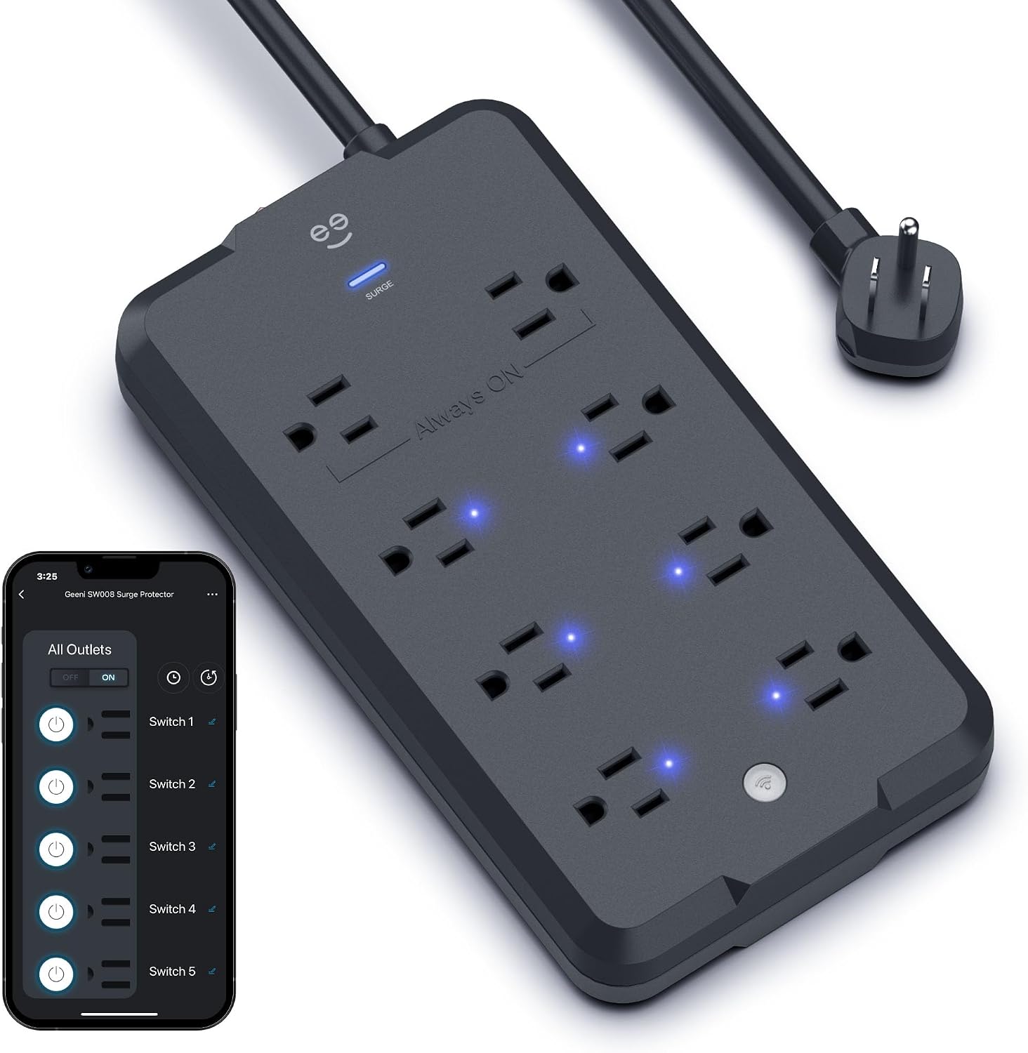 Geeni Surge Ultra Smart 8-Outlet Surge Protector, No Hub, 6 ft. Cord, Black | 6 smart outlets, 2 always-on outlets, Wi-Fi & voice control, 1200 joules protection