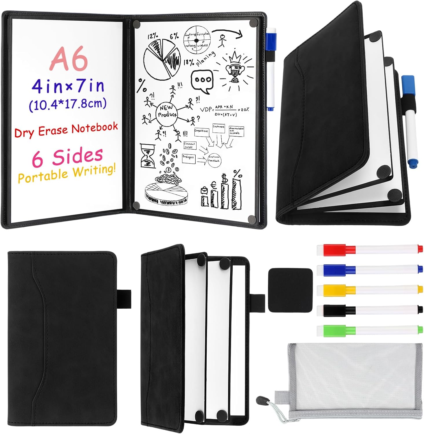Feifeiya 6 Sides Dry Erase Notebook Portable White Board 5″x7″(a6) Mini Dry Erase White Board Notebook Foldable Anti-ghosting Surface for Office, School, Study, Travel & Business Meeting Planning