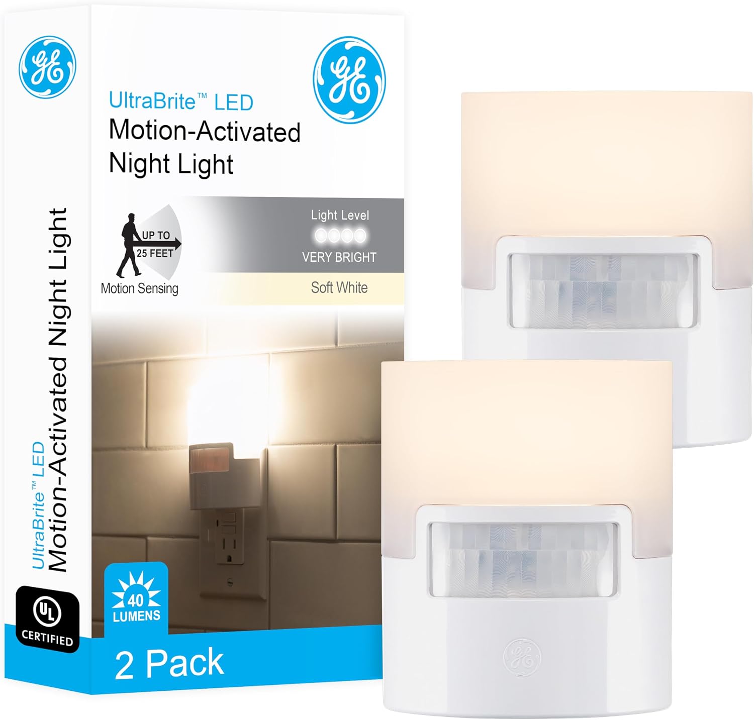 GE LED Motion Sensor Night Light, Plug into wall, 40 Lumens | Soft White, UL-Certified, Energy Efficient, Ideal Nightlight for Bedroom, Bathroom, Kitchen, Hallway, 46632, White, 2 Pack