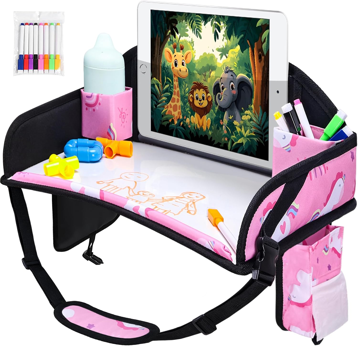 Kids Travel Tray, Toddler Road Trip Essentials With Drawing Kit | Toddler Lap Desk Organizer for Car, Carseat Table for Airplane