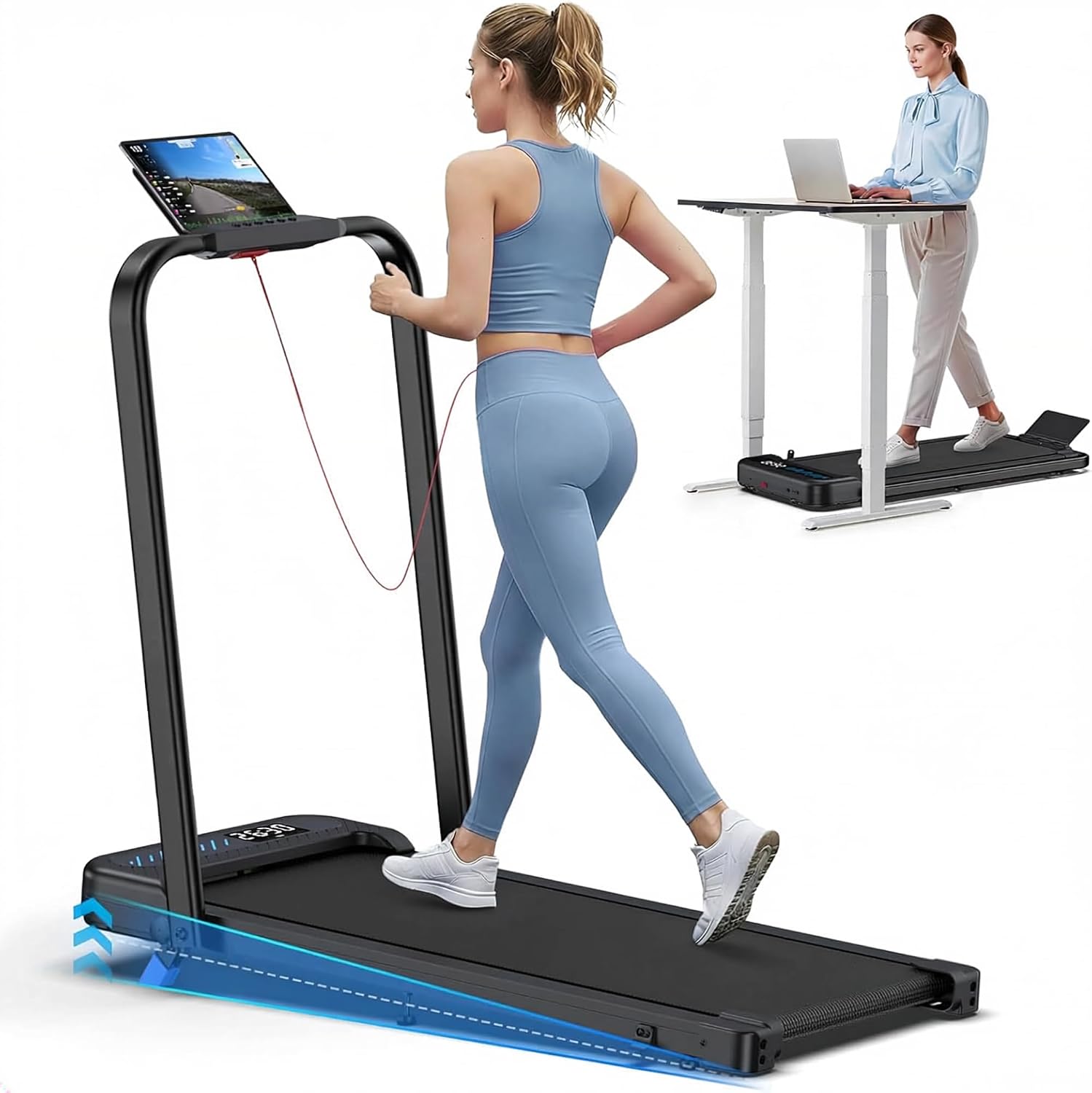 Cardirun Walking Pad with Incline and Stable Handle Bar, Foldable Treadmill | 350+ lbs Capacity, 3.0HP Quiet Under Desk Treadmills for Home, Portable Treadmill with APP, Remote Control and LED Display