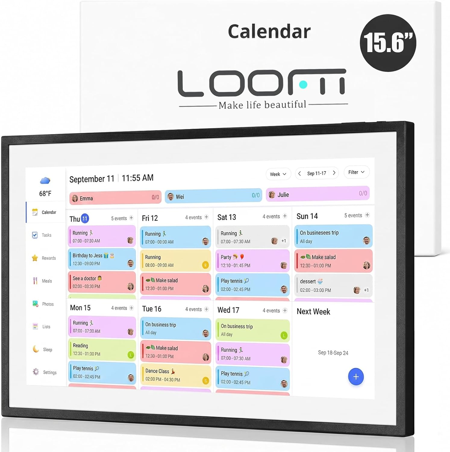 LOOFII 15.6 Inch Smart Digital Calendar – 1920×1080 Full HD Touchscreen Calendar & Family Planner with Chore Chart & Meal Planner, Wall-Mountable (Black White)