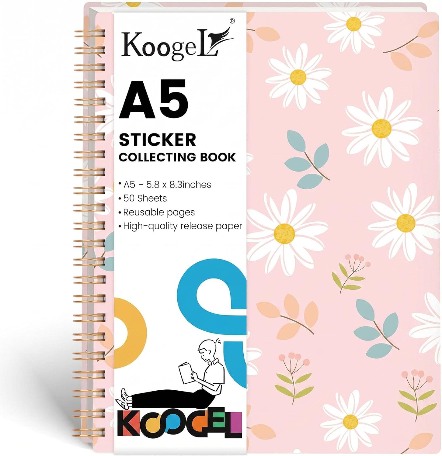 Koogel 50 Sheets Reusable Sticker Book for Kids and Adults, A5 | Sticker Collection Album Organizer with Release Paper, for Collecting, Storing, Displaying, Journaling and Travel Keepsakes