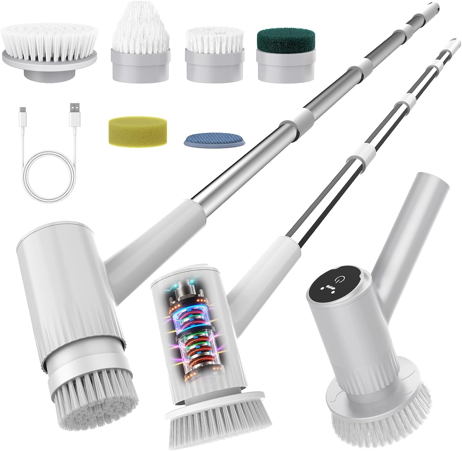 Electric Spin Scrubber – 5-Hour Battery, 6 Brush Heads, No Bending with 47″ Extendable Handle, Cordless Power Scrubber for Bathroom Shower Bathtub Tile Kitchen Floor