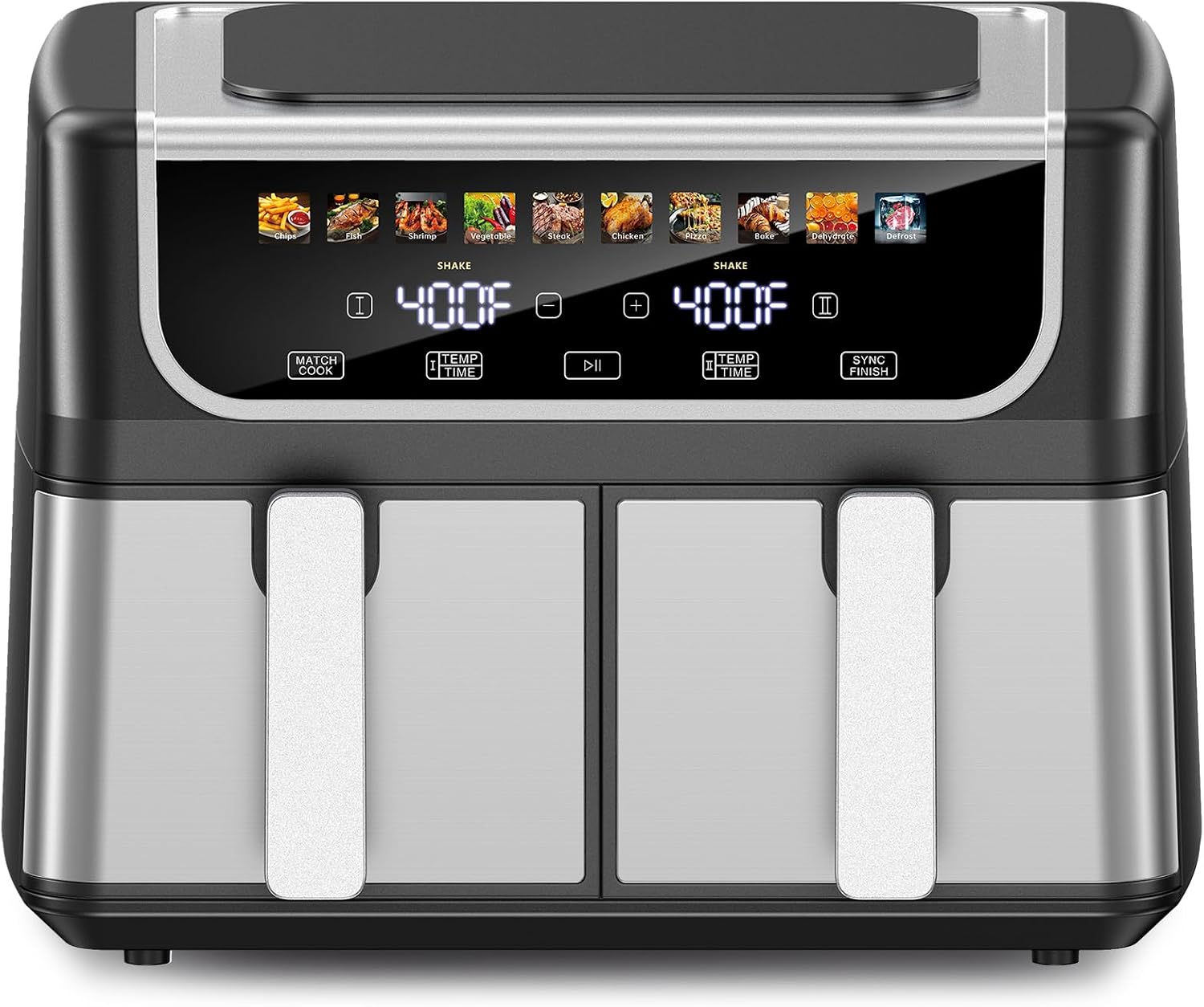 DUMOS 9.5 Quart Dual Basket Air Fryer, 10-in-1 Large Airfryer with Ceramic Crisper Plate, Sync Finish & Match Cook, Shake Reminder, Wide Temperature 80-450°F, Roast Bake Defrost Dehydrate, Black