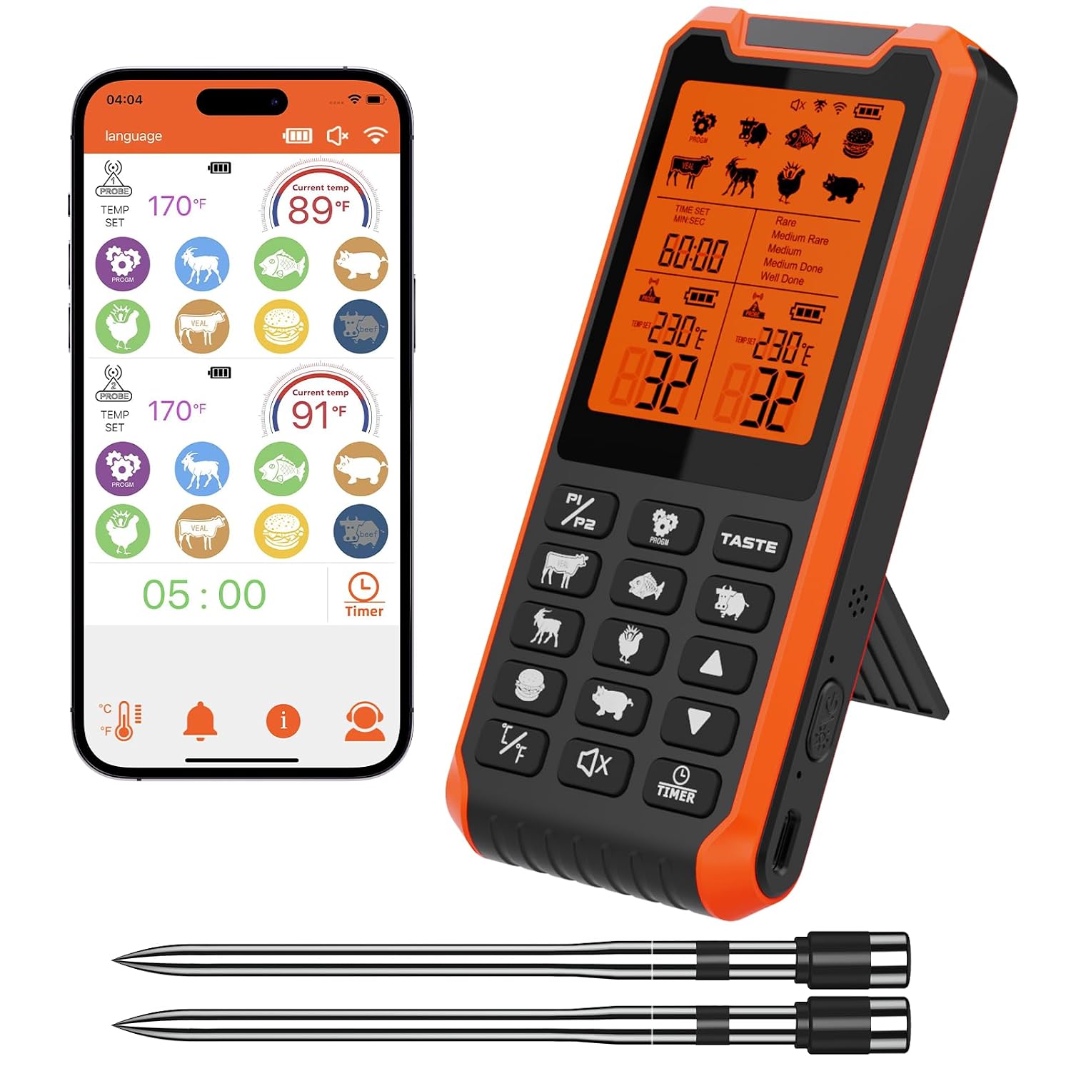 Smart Wireless Meat Thermometer with Dual Probes & APP Alerts, Bluetooth Grill Thermometer with 800ft, Digital Base, ±0.5℉Accuracy, LCD Backlit Screen for BBQ, Oven, Smoker, Kitchen Cooking