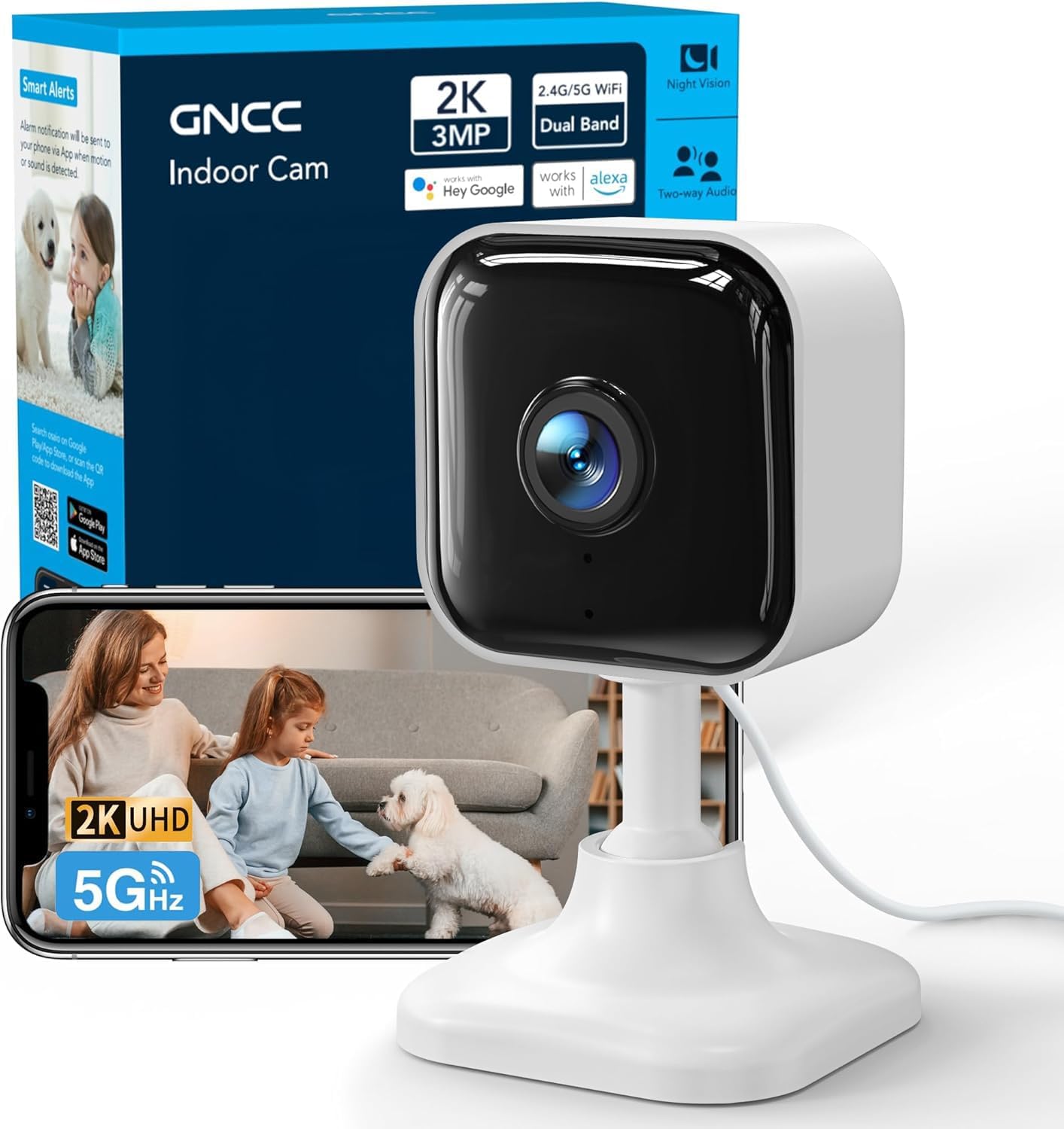 GNCC 2K Indoor Security Camera for Home Wireless, Pet Camera 2.4g/5g WiFi | Mini Dog Cam with Phone App, Motion Detection, Works w/Alexa, Cloud & SD Card Storage, Fixed View, Plug-in