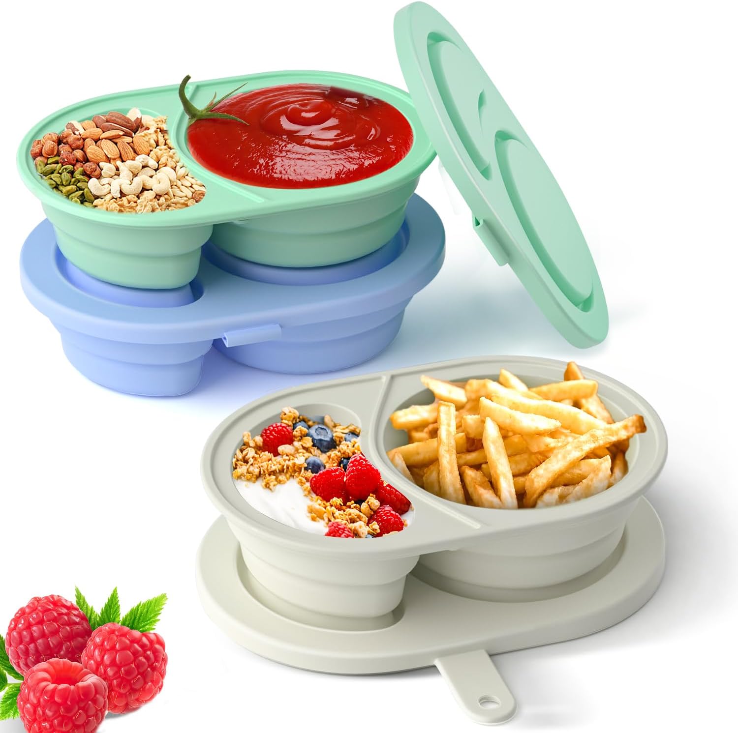 3 Pack Snack Containers Silicone Reusable with Lids, Double Compartment Snackle Box Container, Silicone Condiment Containers for Snack Sauce, Mini Food Snack Boxs for Travel, Office, Picnic
