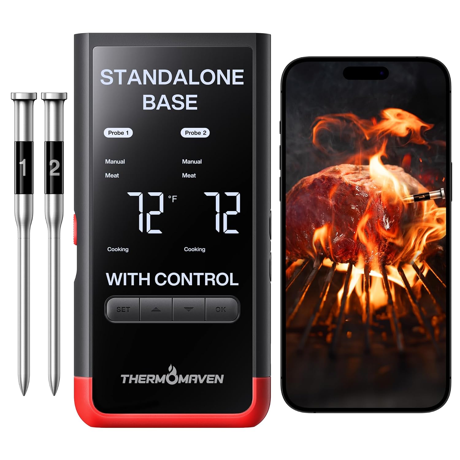 ThermoMaven WiFi Wireless Meat Thermometer, 2 Probes, Smart Base, 6 Sensors | Unlimted Monitor Range via APP, Commercial-Grade NIST Certified Accuracy, for Restaurant Kitchen, BBQ/Grill/Oven