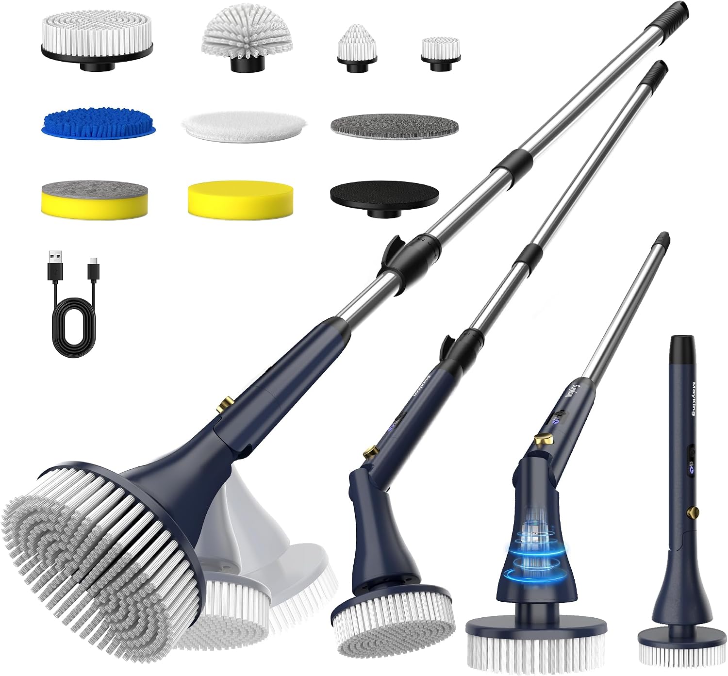 MayKing Electric Spin Scrubber with 9 Brush Heads, IPX7, Model Blue | 3-Angle & 4-Length Adjustable Cordless Power Scrubber, 3-Speed & Battery LED Display, for Bathroom, Tub, Floor & Tiles