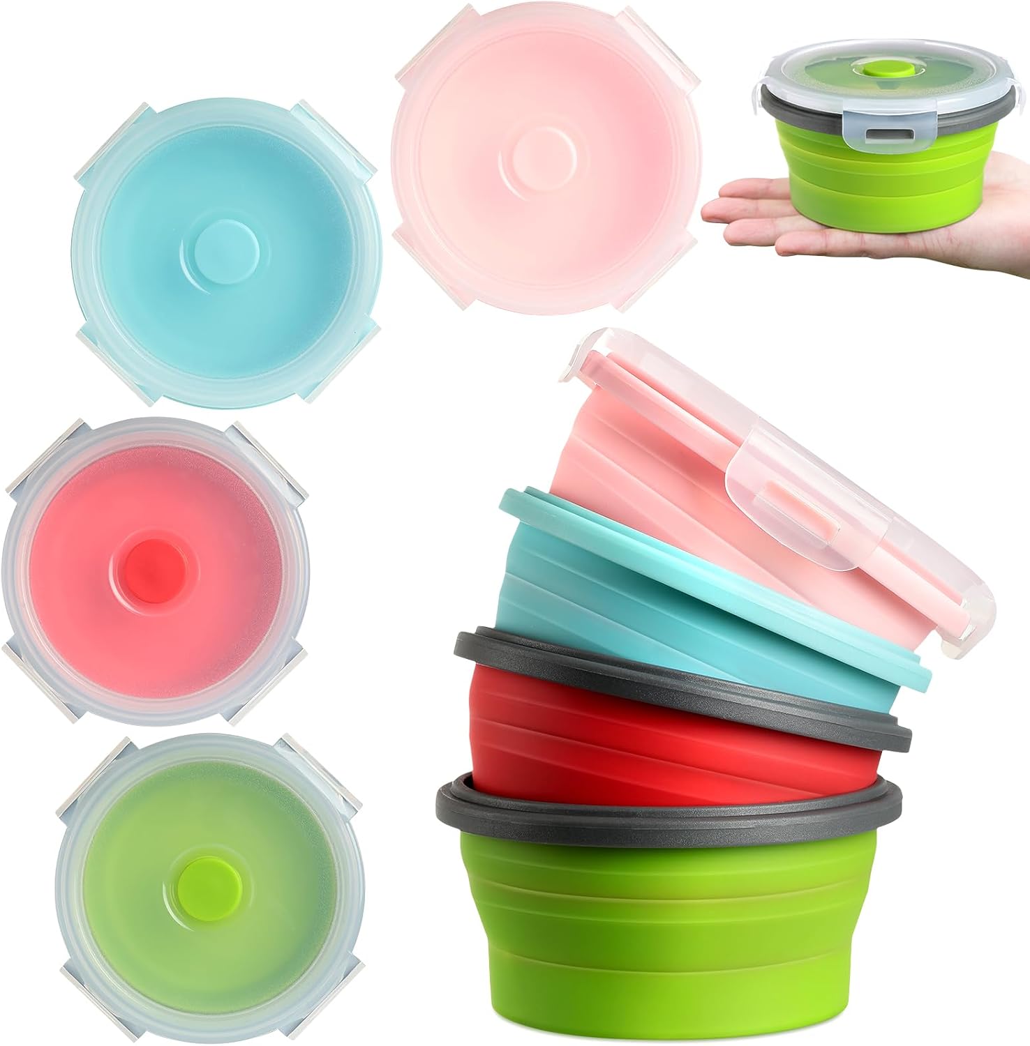 4 Pcs Collapsible Bowls with Lids Silicone Camping Food Storage Container Expandable Folding Salad Lunch Box Travel Container for Hiking Camping