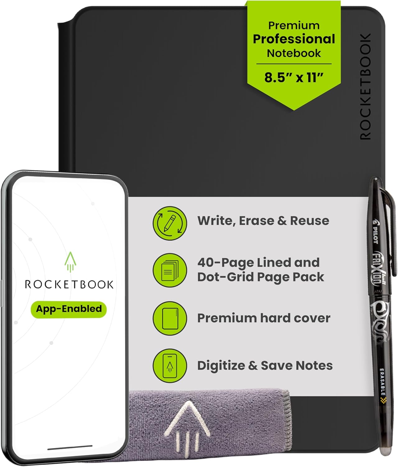 Rocketbook Pro Smart Reusable Notebook, Letter 8.5×11, Black | Lined and Dotted Interchangeable Pages, For Work and Business Meetings