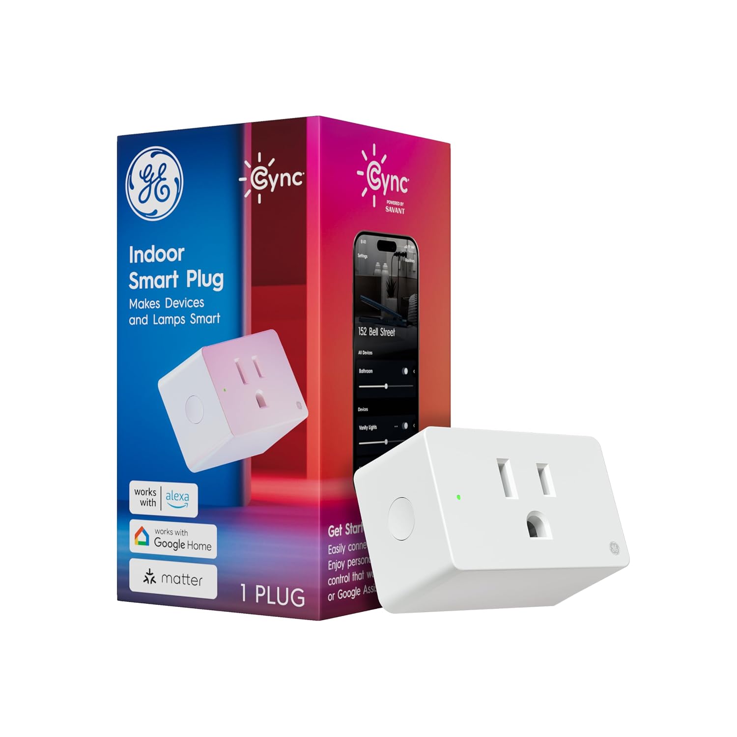 GE Cync Smart Plug, WiFi Outlet, Matter, Works Alexa & Google | 1-pack indoor smart outlet, voice & app control, energy monitoring, Matter compatible, no hub needed, Alexa, Google Home